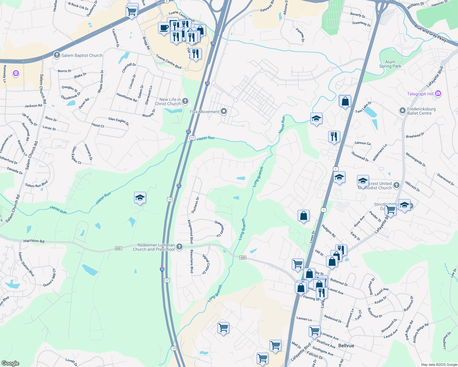 map of restaurants, bars, coffee shops, grocery stores, and more near 11614 New Bond Street in Fredericksburg