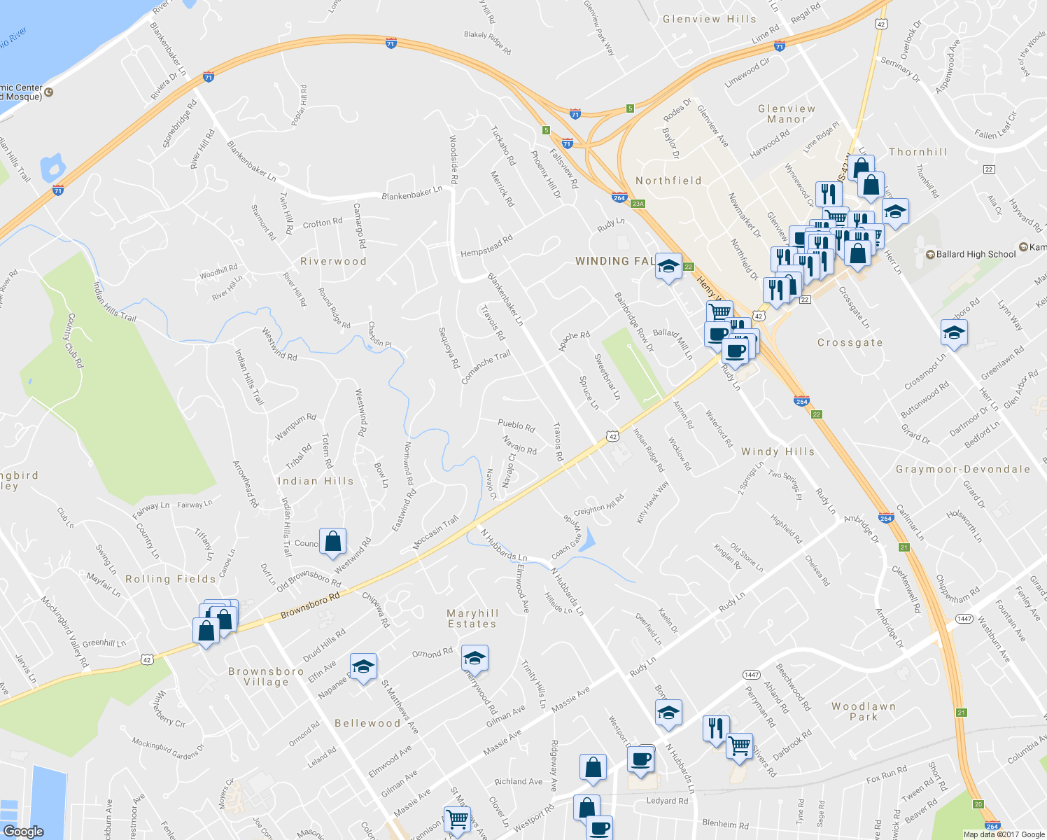 map of restaurants, bars, coffee shops, grocery stores, and more near 5407 Pueblo Road in Louisville
