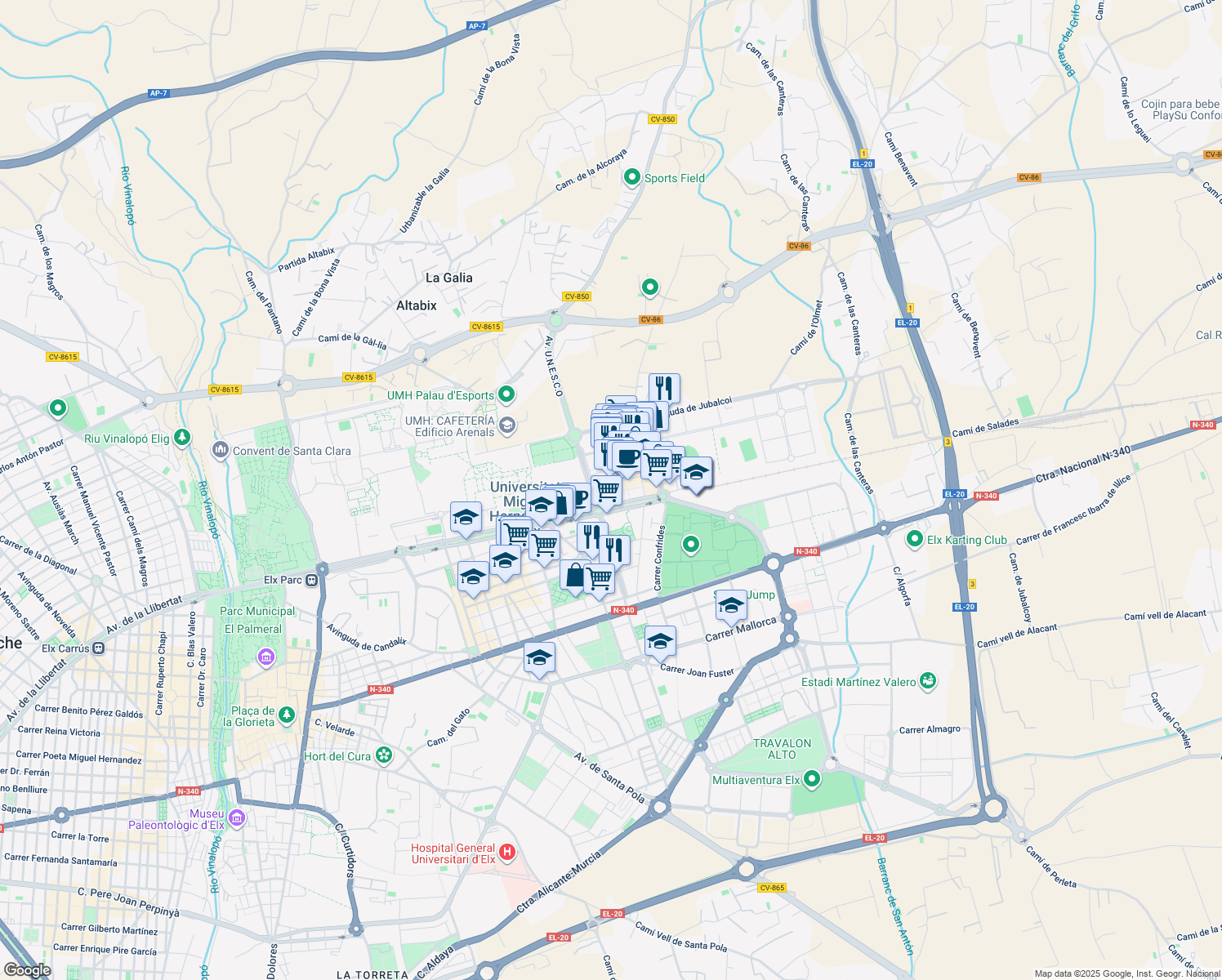 map of restaurants, bars, coffee shops, grocery stores, and more near 3 Carrer la Carátula in Elx