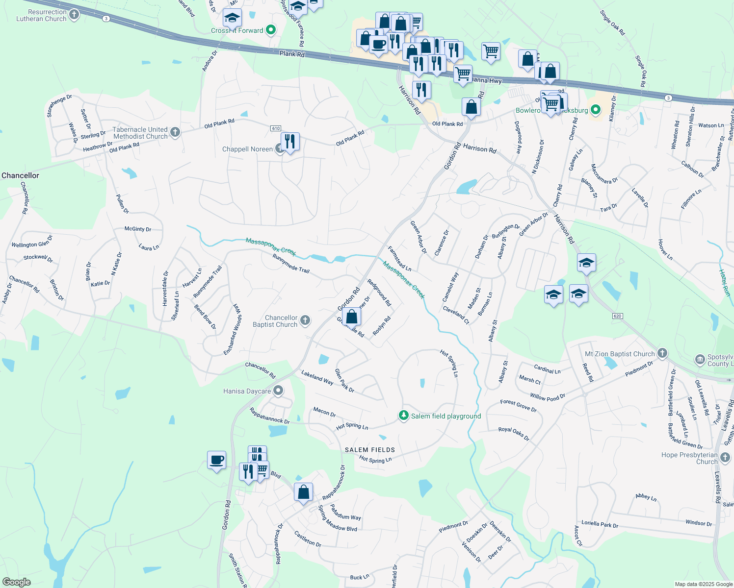 map of restaurants, bars, coffee shops, grocery stores, and more near 11504 Warner Drive in Fredericksburg