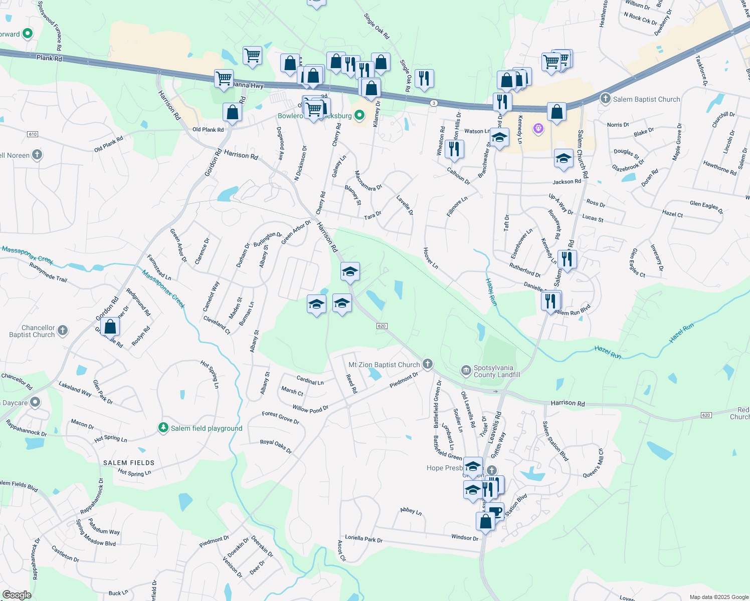 map of restaurants, bars, coffee shops, grocery stores, and more near 6231 Harrison Road in Fredericksburg