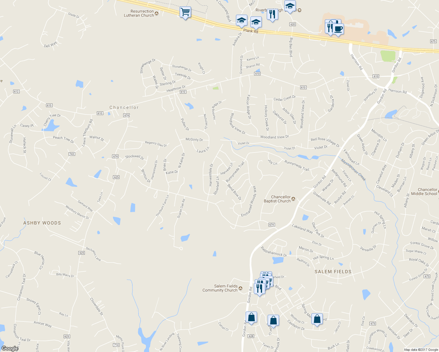 map of restaurants, bars, coffee shops, grocery stores, and more near 11400 Silverleaf Lane in Fredericksburg