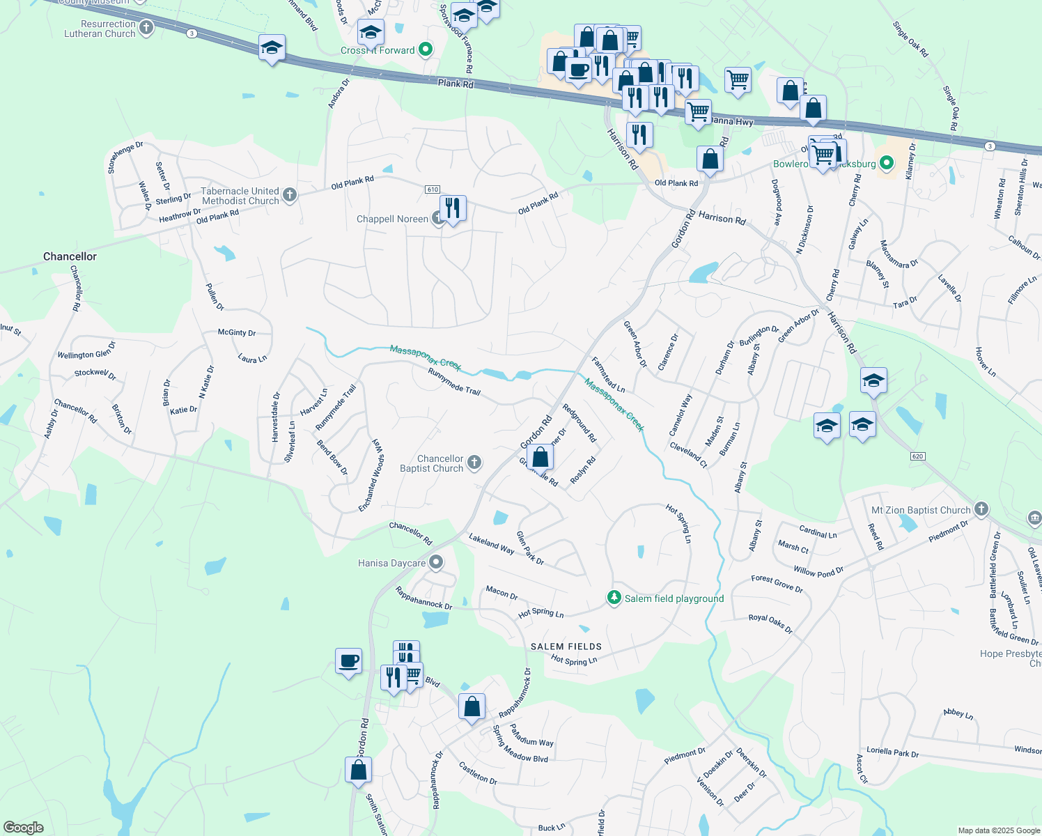 map of restaurants, bars, coffee shops, grocery stores, and more near 11601 Creeks View Drive in Fredericksburg