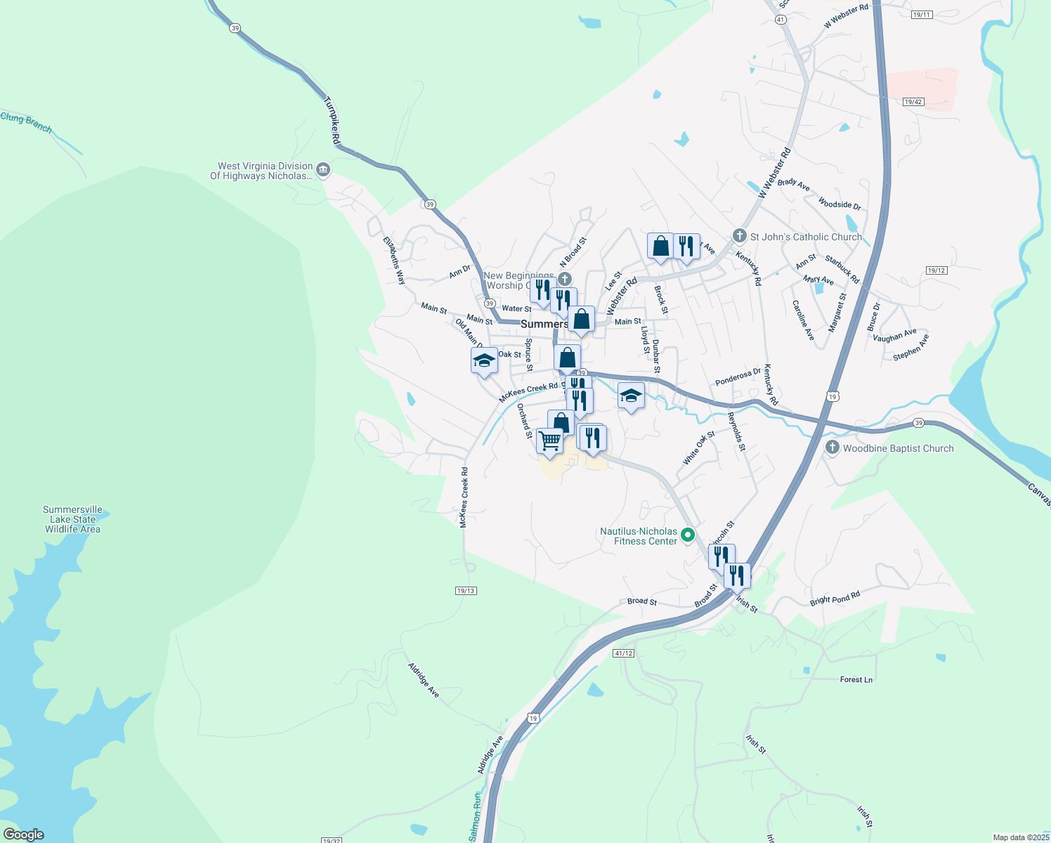 map of restaurants, bars, coffee shops, grocery stores, and more near 703 Orchard Street in Summersville