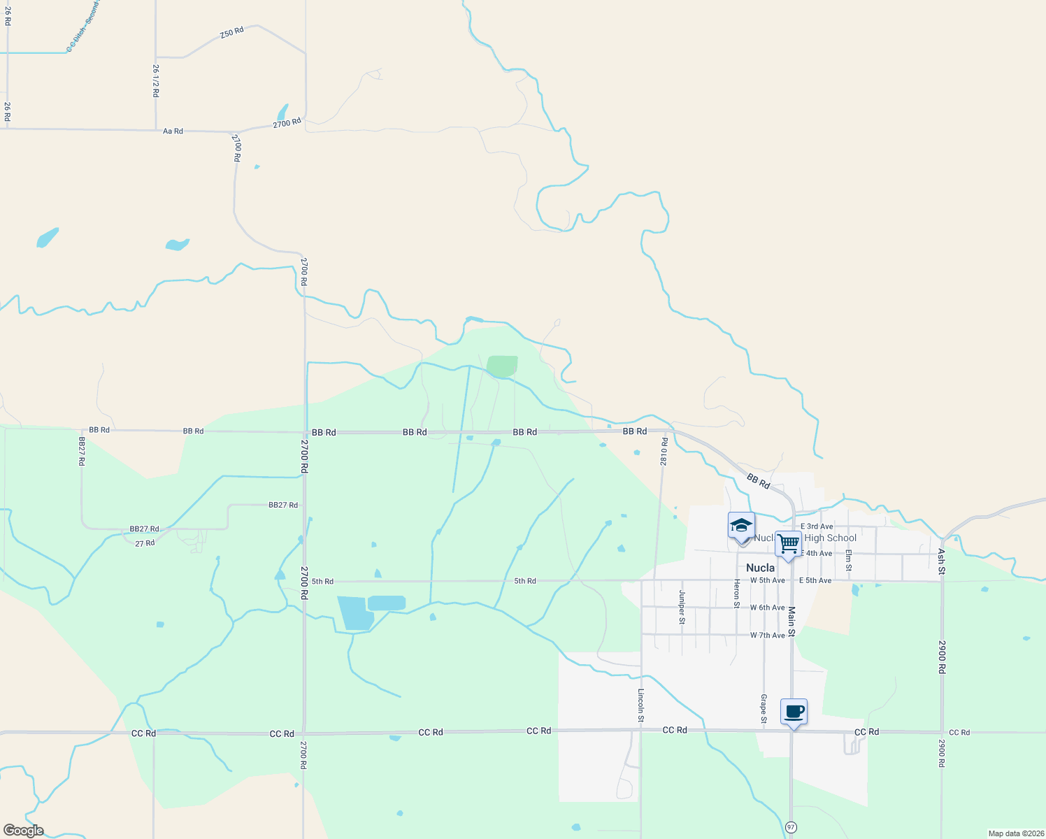 map of restaurants, bars, coffee shops, grocery stores, and more near 27701 BB Road in Nucla