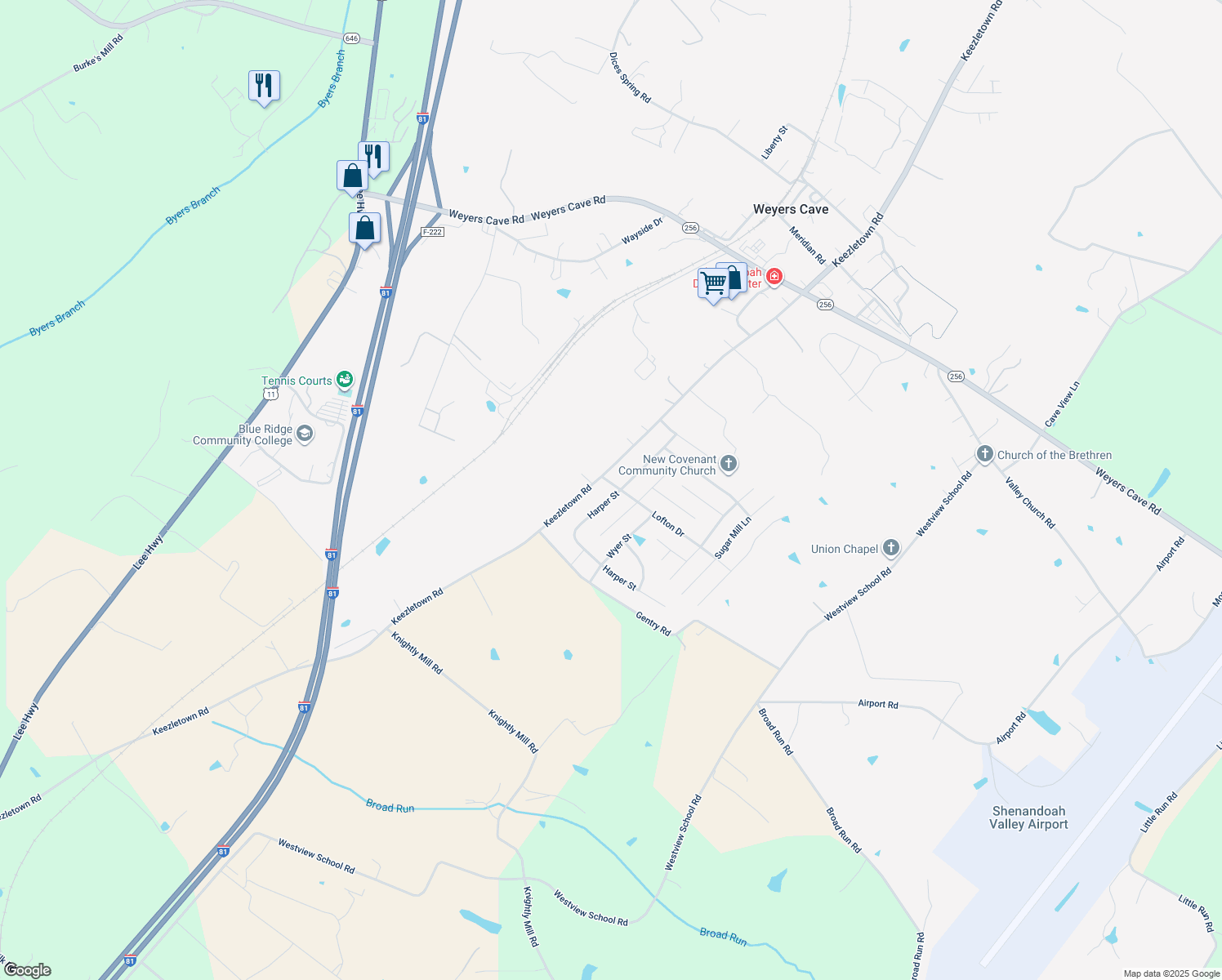 map of restaurants, bars, coffee shops, grocery stores, and more near 23 Lofton Drive in Weyers Cave