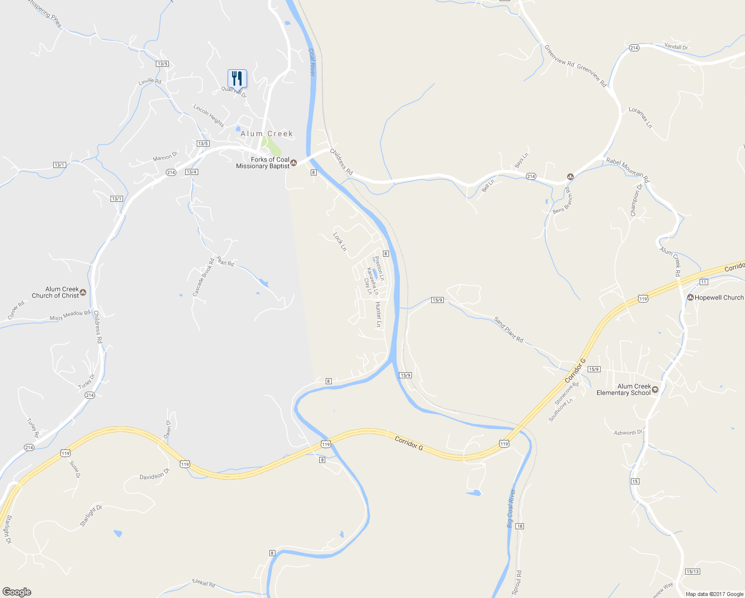 map of restaurants, bars, coffee shops, grocery stores, and more near Caretaker Lane in Alum Creek