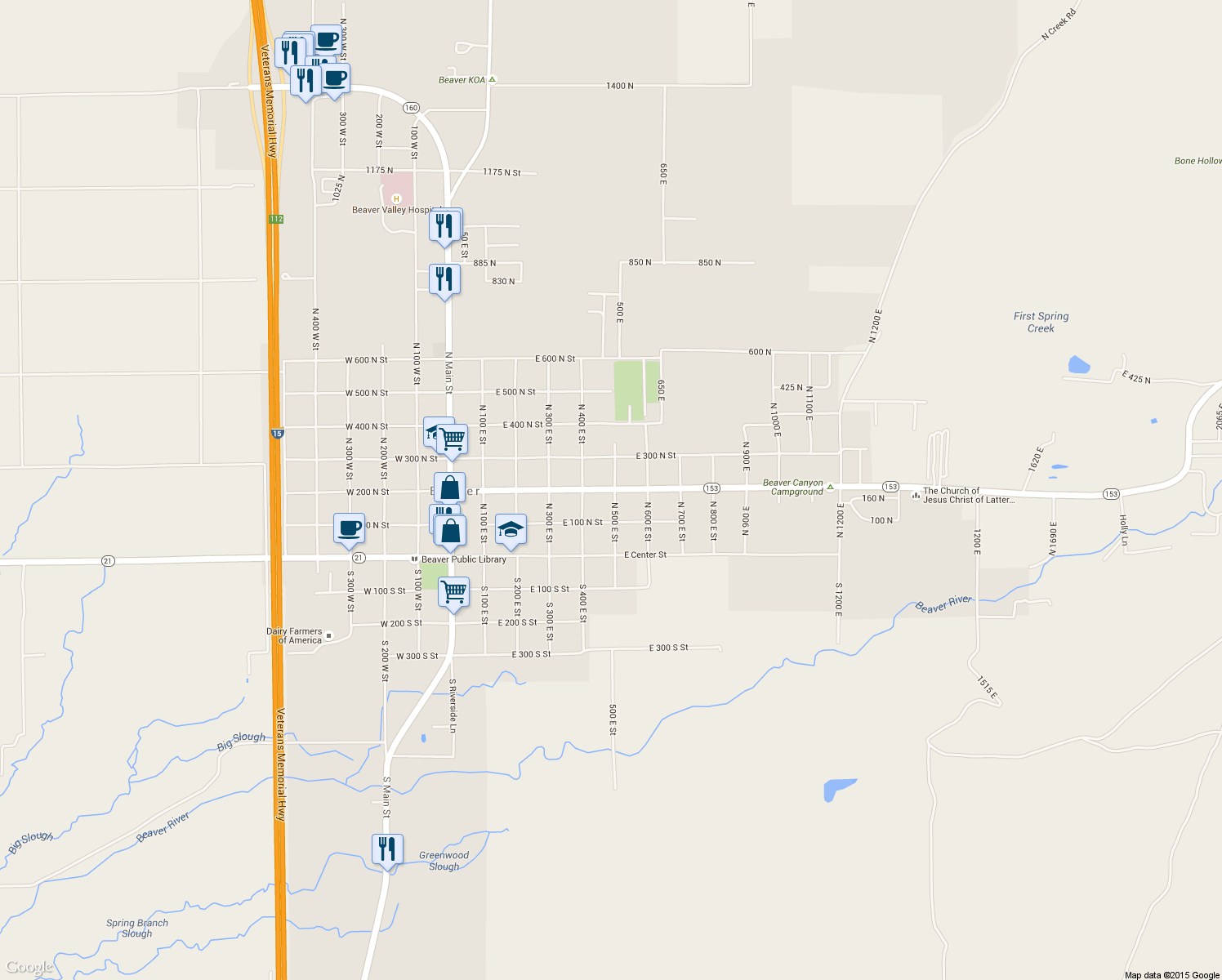 map of restaurants, bars, coffee shops, grocery stores, and more near 490 East 200 North Street in Beaver