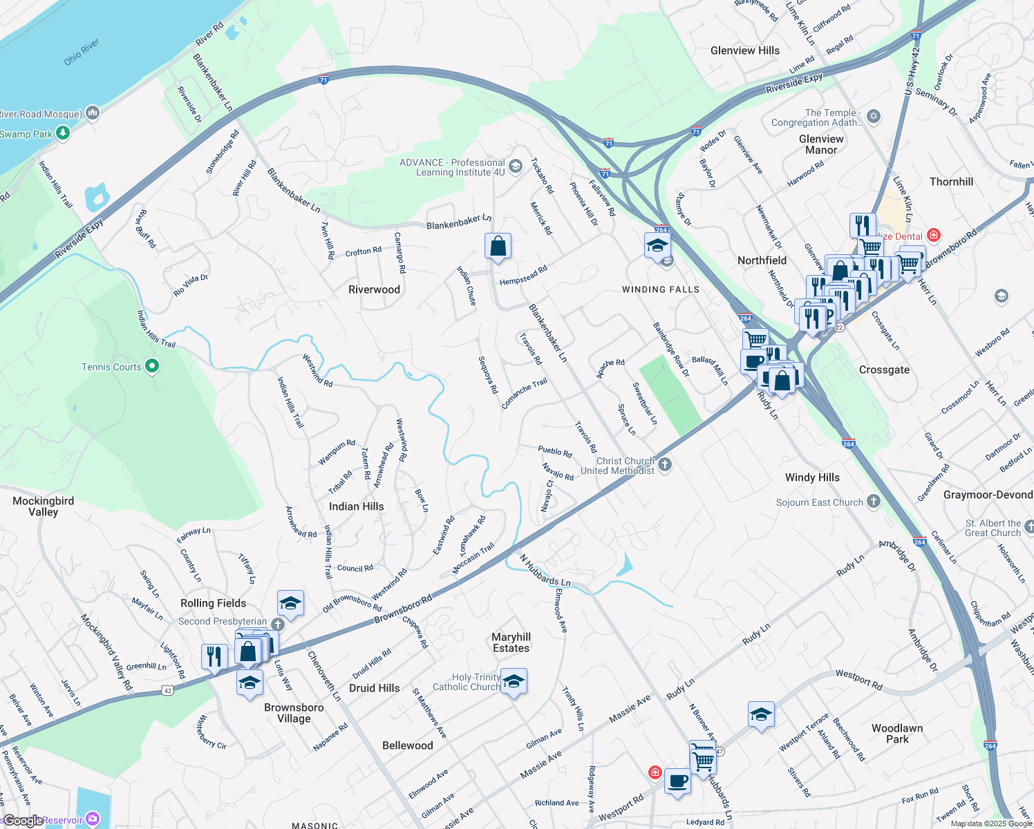 map of restaurants, bars, coffee shops, grocery stores, and more near 5511 Apache Road in Louisville