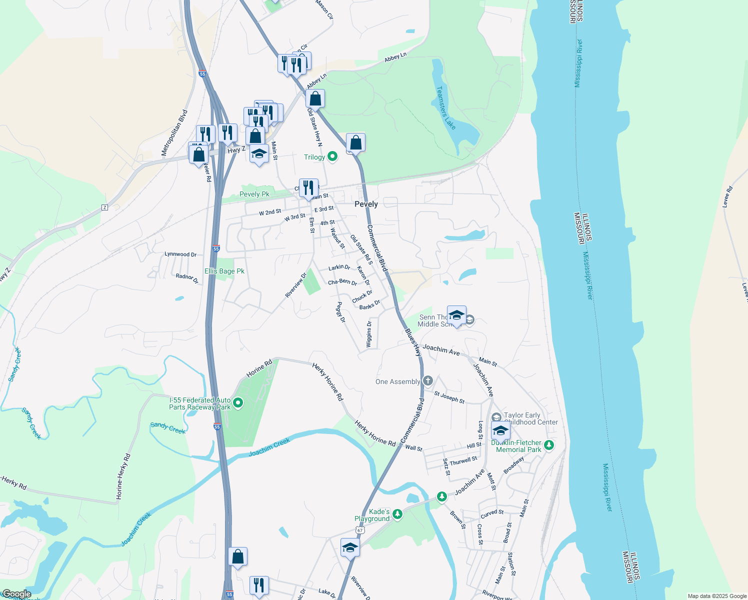 map of restaurants, bars, coffee shops, grocery stores, and more near 621 Banks Drive in Pevely