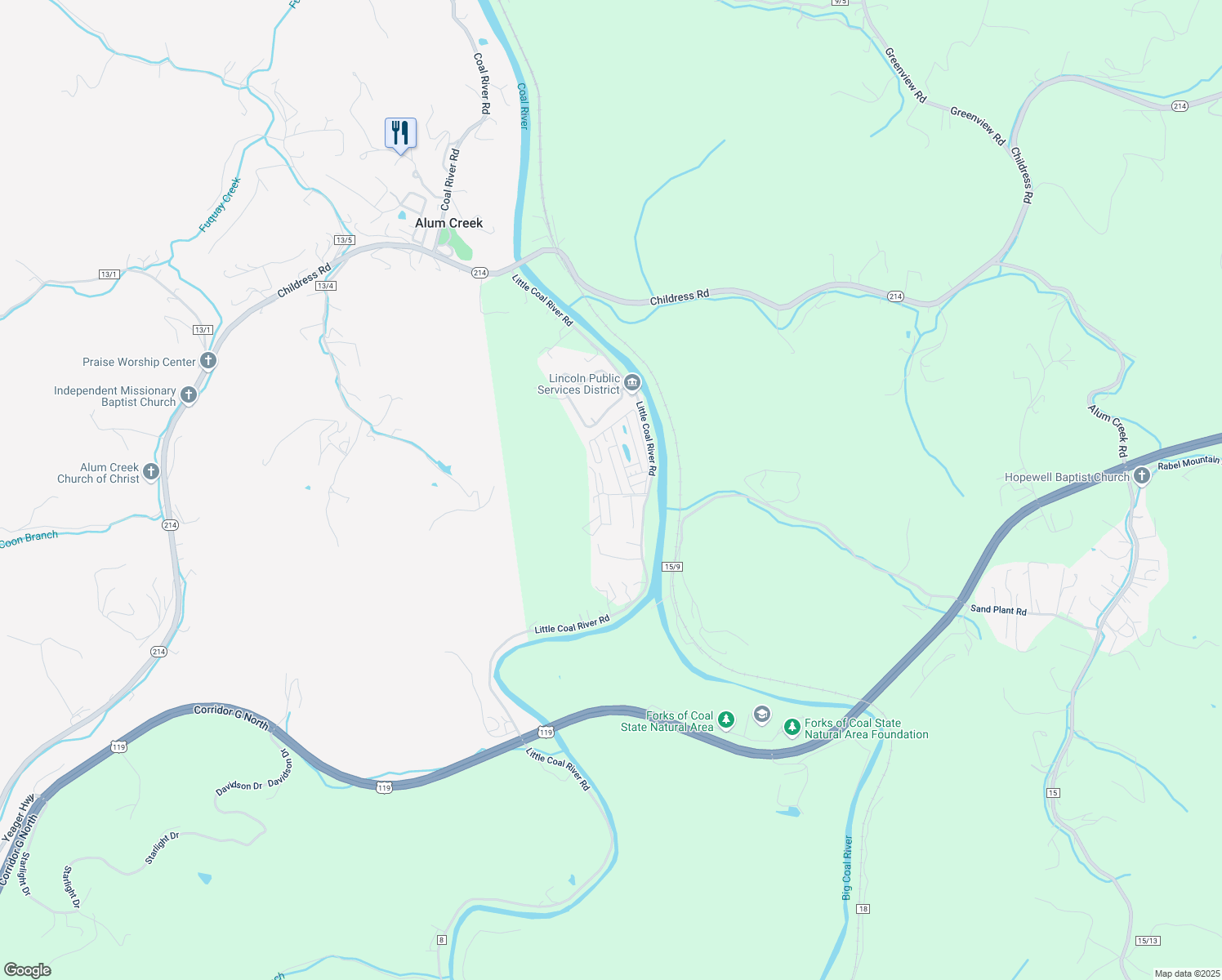 map of restaurants, bars, coffee shops, grocery stores, and more near Caretaker Lane in Alum Creek