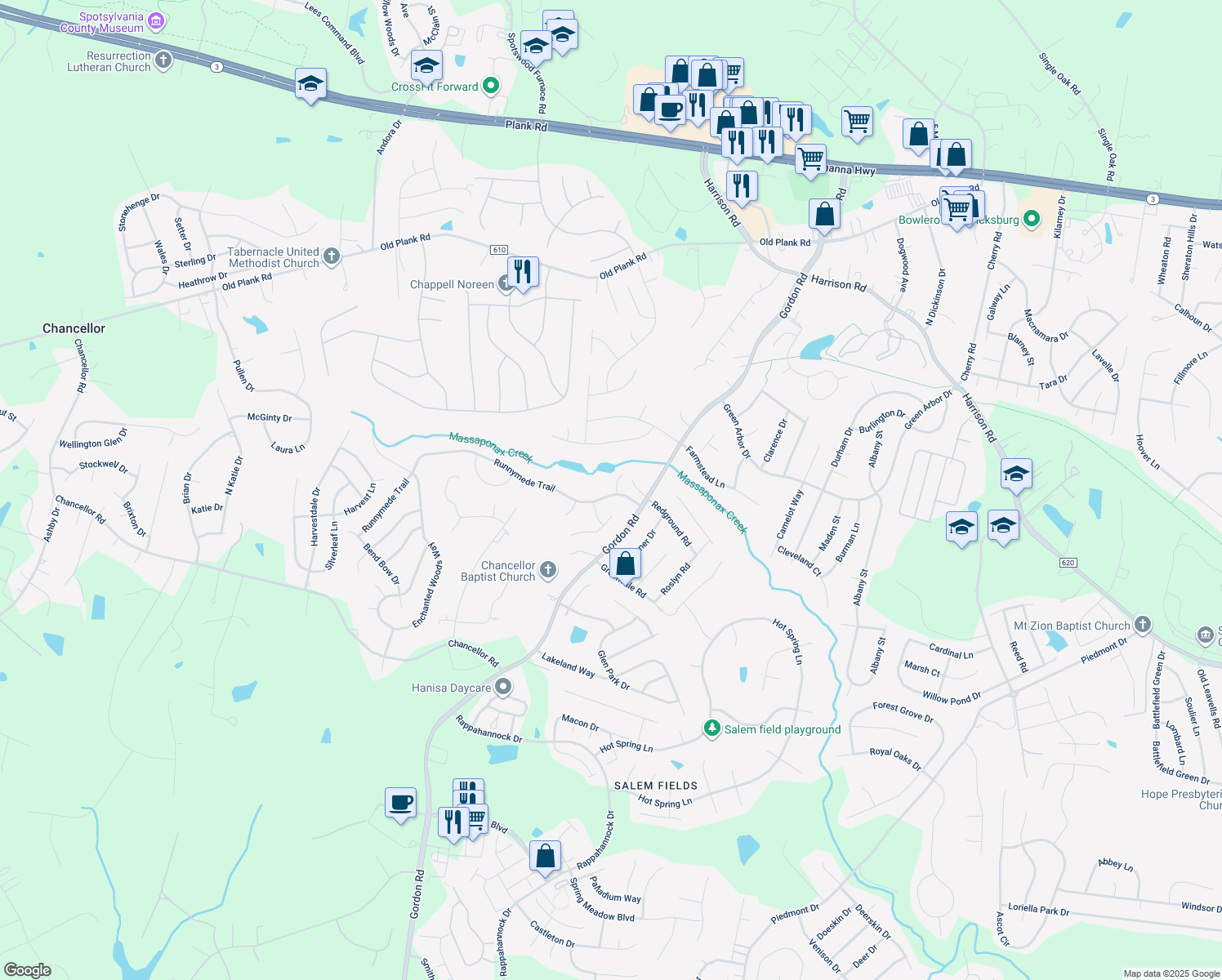 map of restaurants, bars, coffee shops, grocery stores, and more near 6909 Runnymede Trail in Fredericksburg