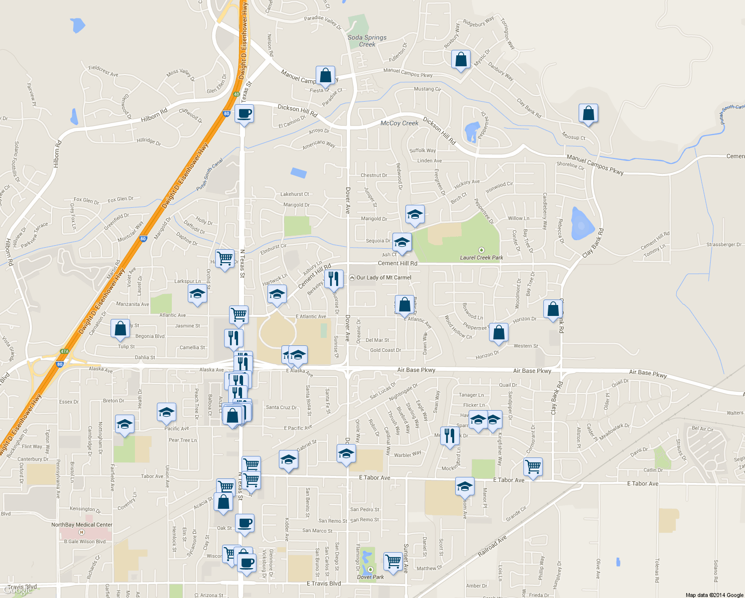 map of restaurants, bars, coffee shops, grocery stores, and more near 730 Capricorn Circle in Fairfield