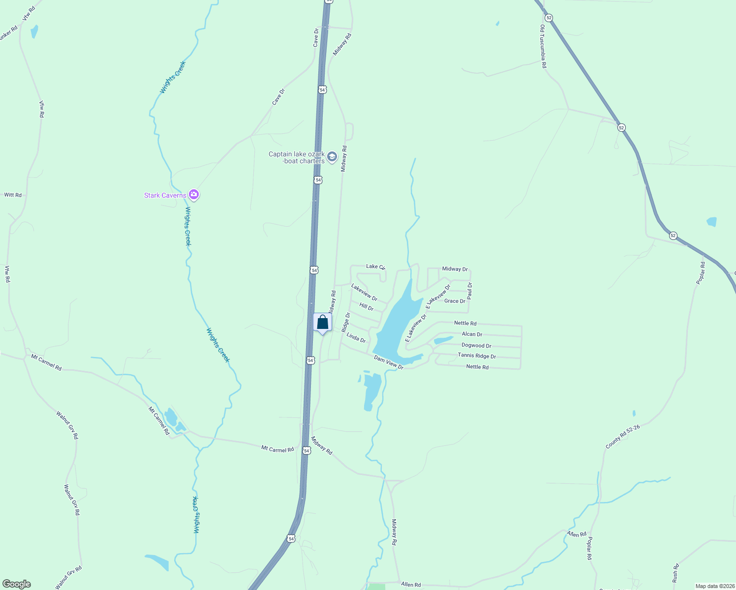 map of restaurants, bars, coffee shops, grocery stores, and more near Lakeview Drive in Eldon