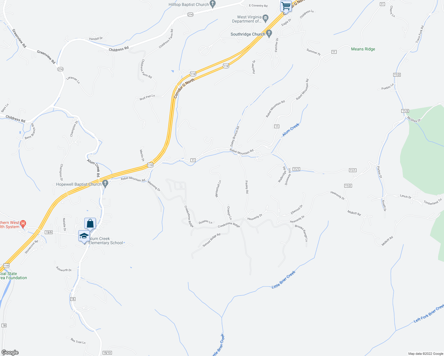 map of restaurants, bars, coffee shops, grocery stores, and more near 392 Wynterhall Lane in South Charleston