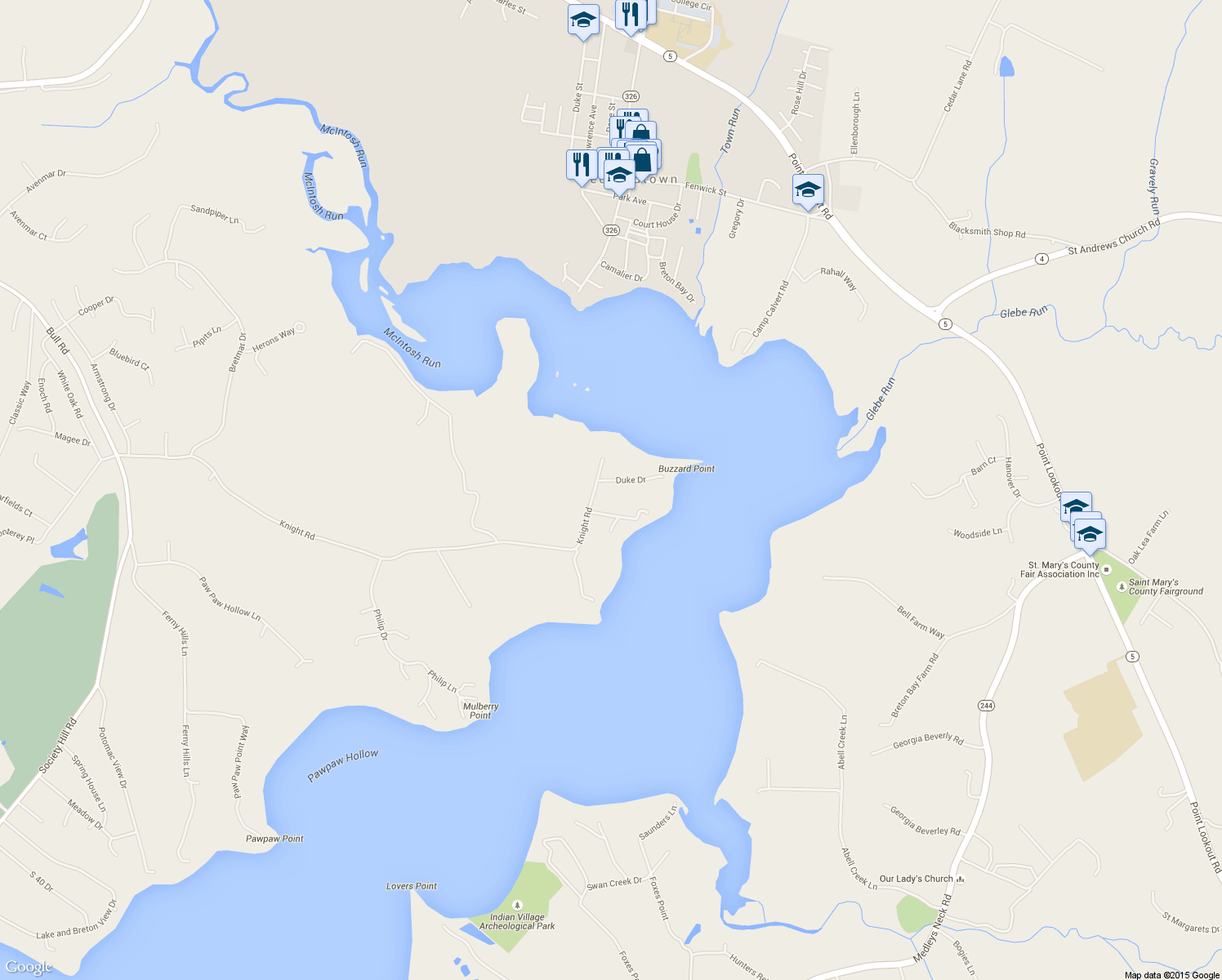 map of restaurants, bars, coffee shops, grocery stores, and more near 41665 Knight Road in Leonardtown