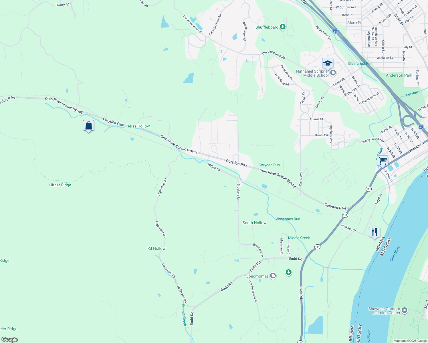 map of restaurants, bars, coffee shops, grocery stores, and more near 2417 Willian Lane in New Albany