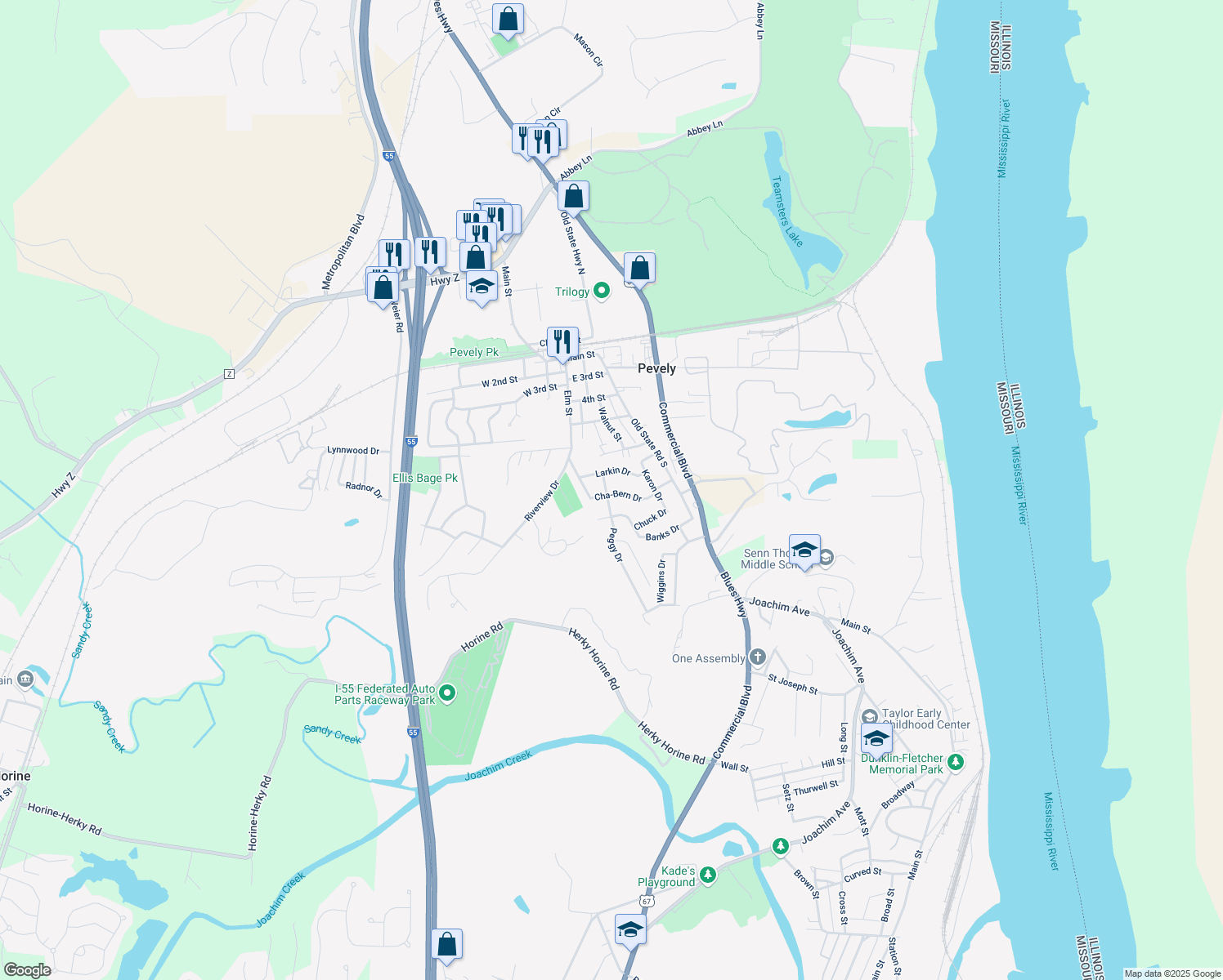 map of restaurants, bars, coffee shops, grocery stores, and more near 821 Cha-Bern Drive in Pevely