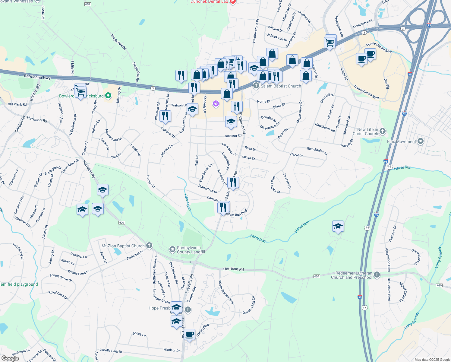 map of restaurants, bars, coffee shops, grocery stores, and more near 11703 Kennedy Lane in Fredericksburg