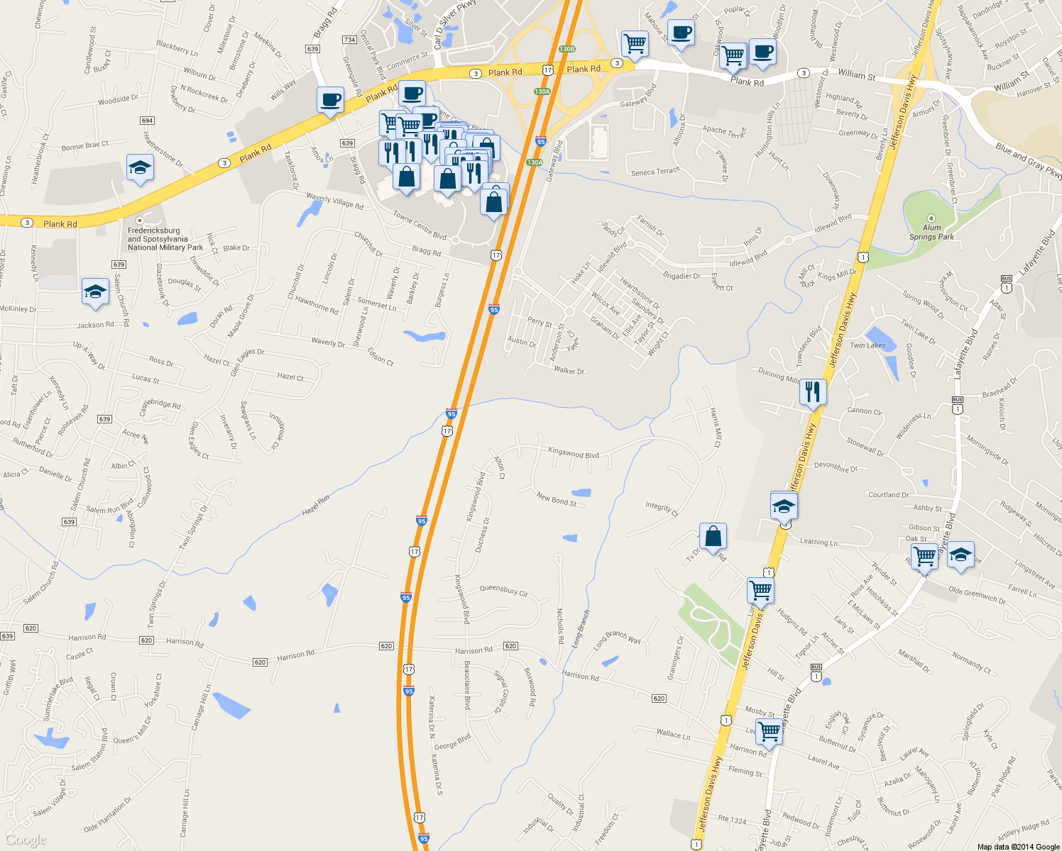 map of restaurants, bars, coffee shops, grocery stores, and more near 11804 Engleside Court in Fredericksburg