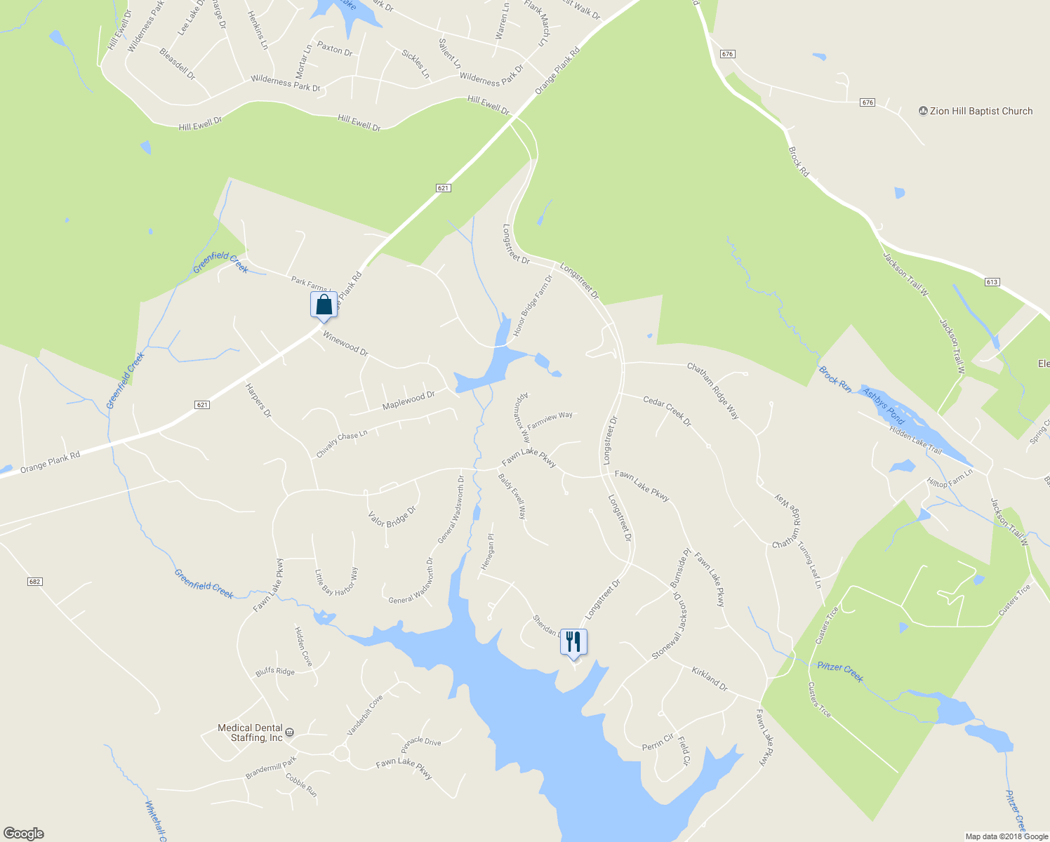 map of restaurants, bars, coffee shops, grocery stores, and more near 12105 Appomattox Way in Spotsylvania