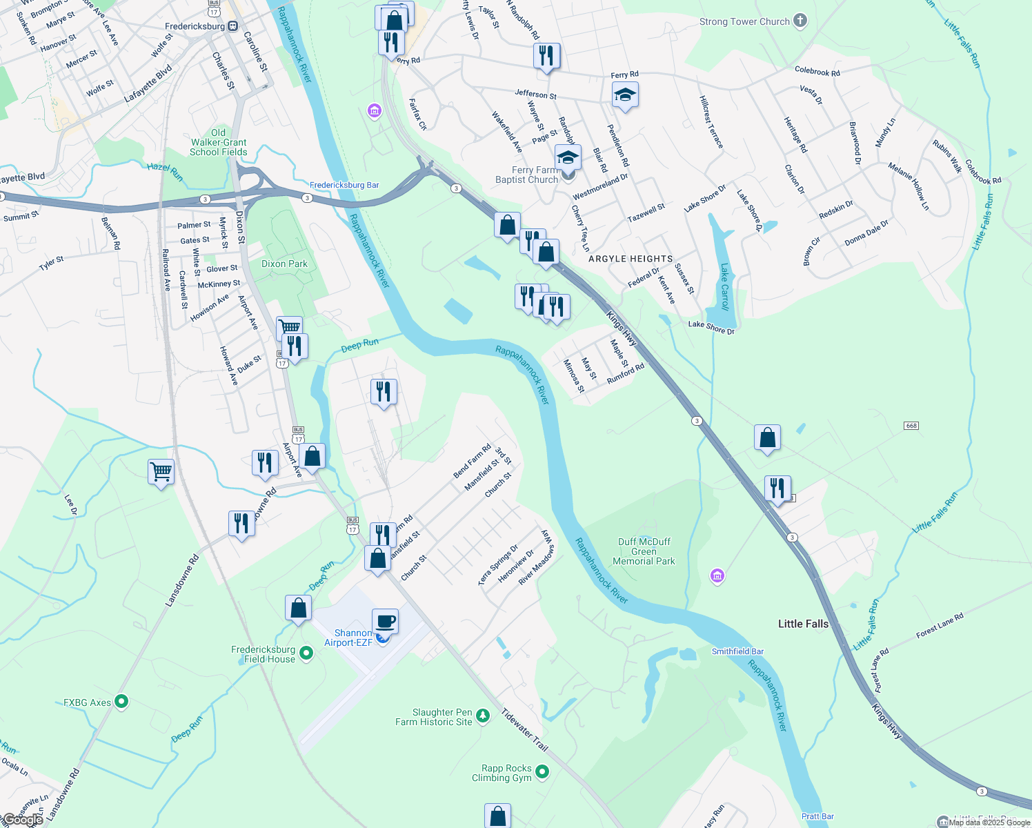 map of restaurants, bars, coffee shops, grocery stores, and more near 329 4th Street in Fredericksburg