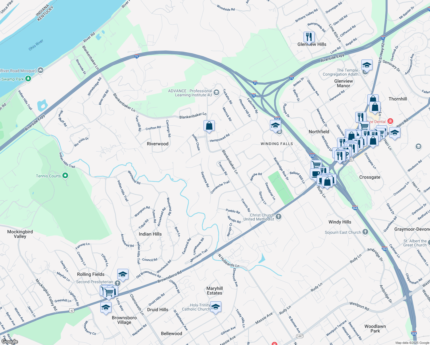 map of restaurants, bars, coffee shops, grocery stores, and more near 205 Choctaw Rd in Louisville