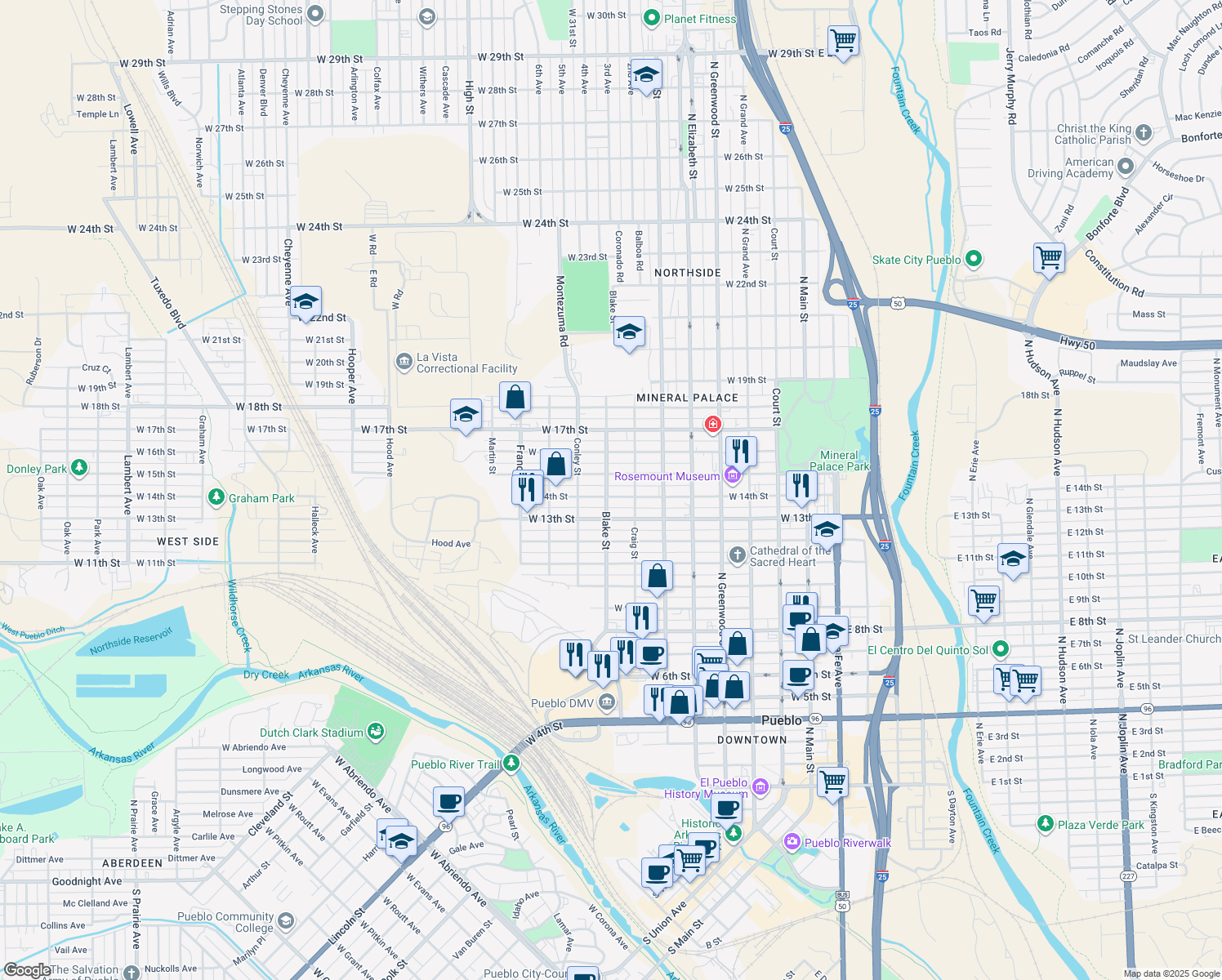 map of restaurants, bars, coffee shops, grocery stores, and more near 825 W 14th St in Pueblo