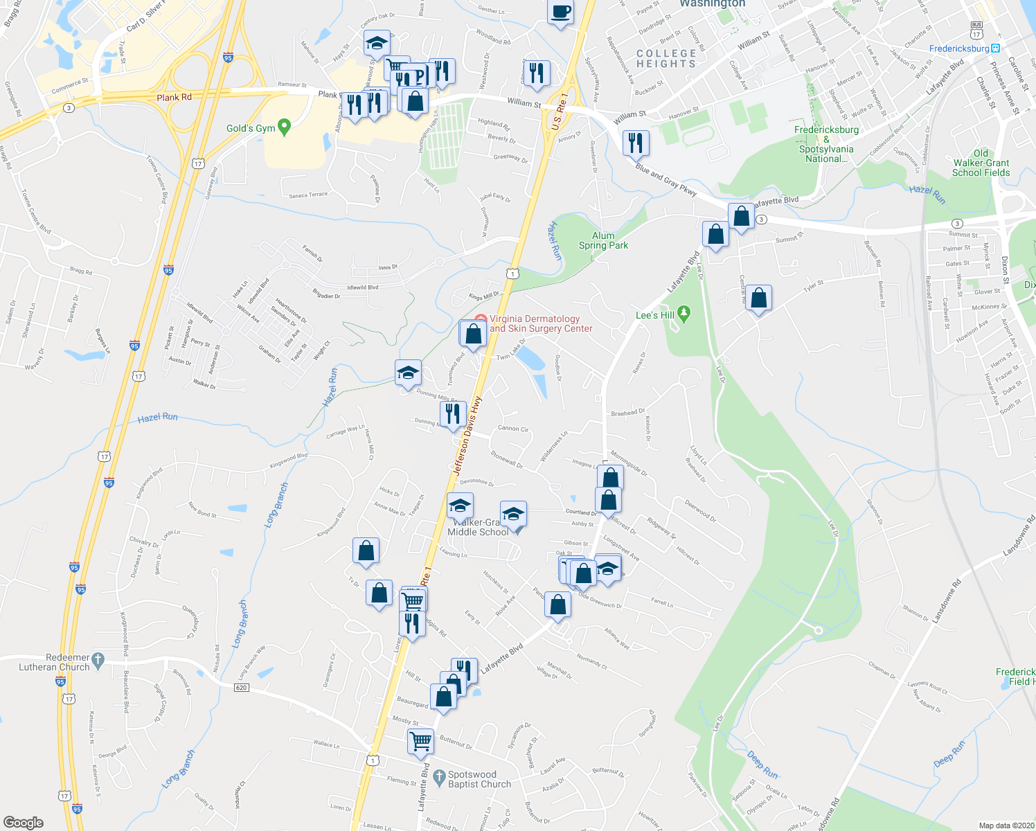 map of restaurants, bars, coffee shops, grocery stores, and more near 200 McConkey Street in Fredericksburg