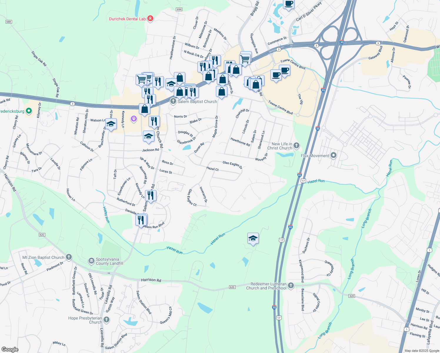 map of restaurants, bars, coffee shops, grocery stores, and more near 5929 Glen Eagles Drive in Fredericksburg