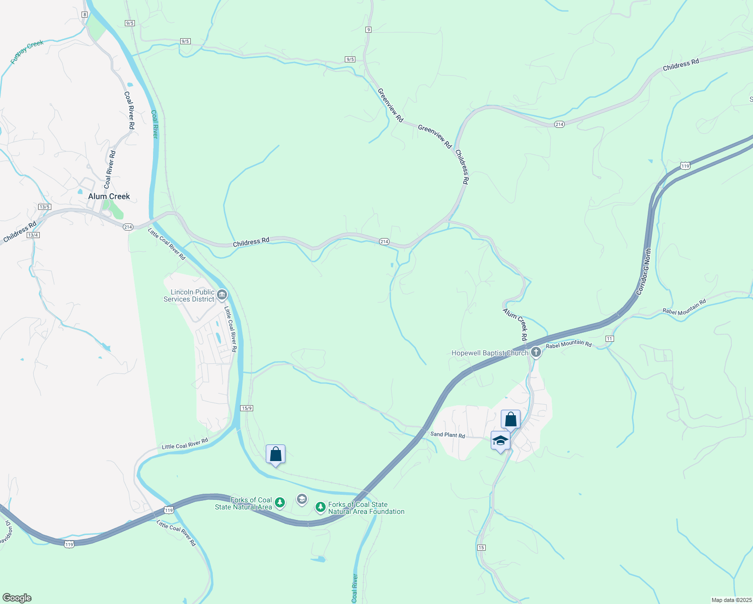 map of restaurants, bars, coffee shops, grocery stores, and more near 126 Bens Branch Road in Alum Creek