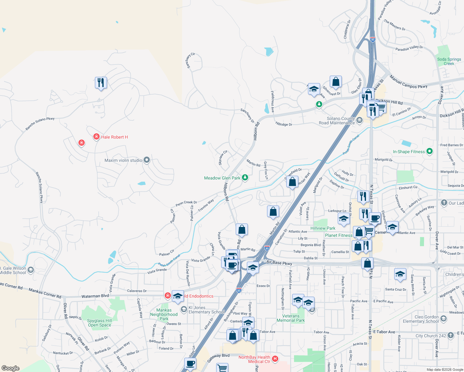 map of restaurants, bars, coffee shops, grocery stores, and more near 2760 Hillview Drive in Fairfield