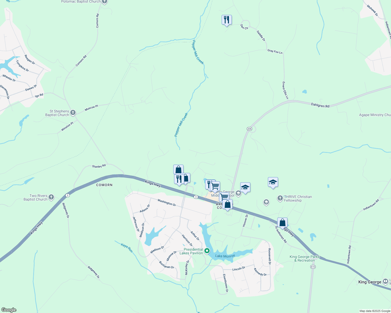 map of restaurants, bars, coffee shops, grocery stores, and more near 9376 Caucus Drive in King George