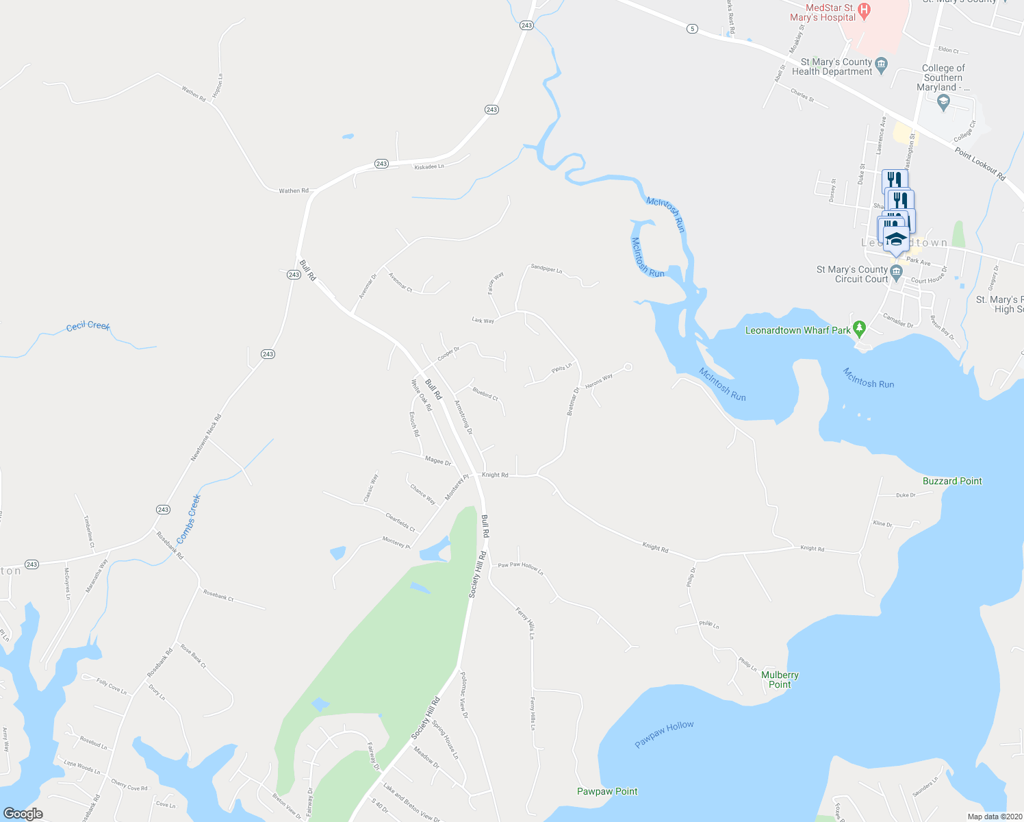 map of restaurants, bars, coffee shops, grocery stores, and more near 22408 Bluebird Court in Leonardtown