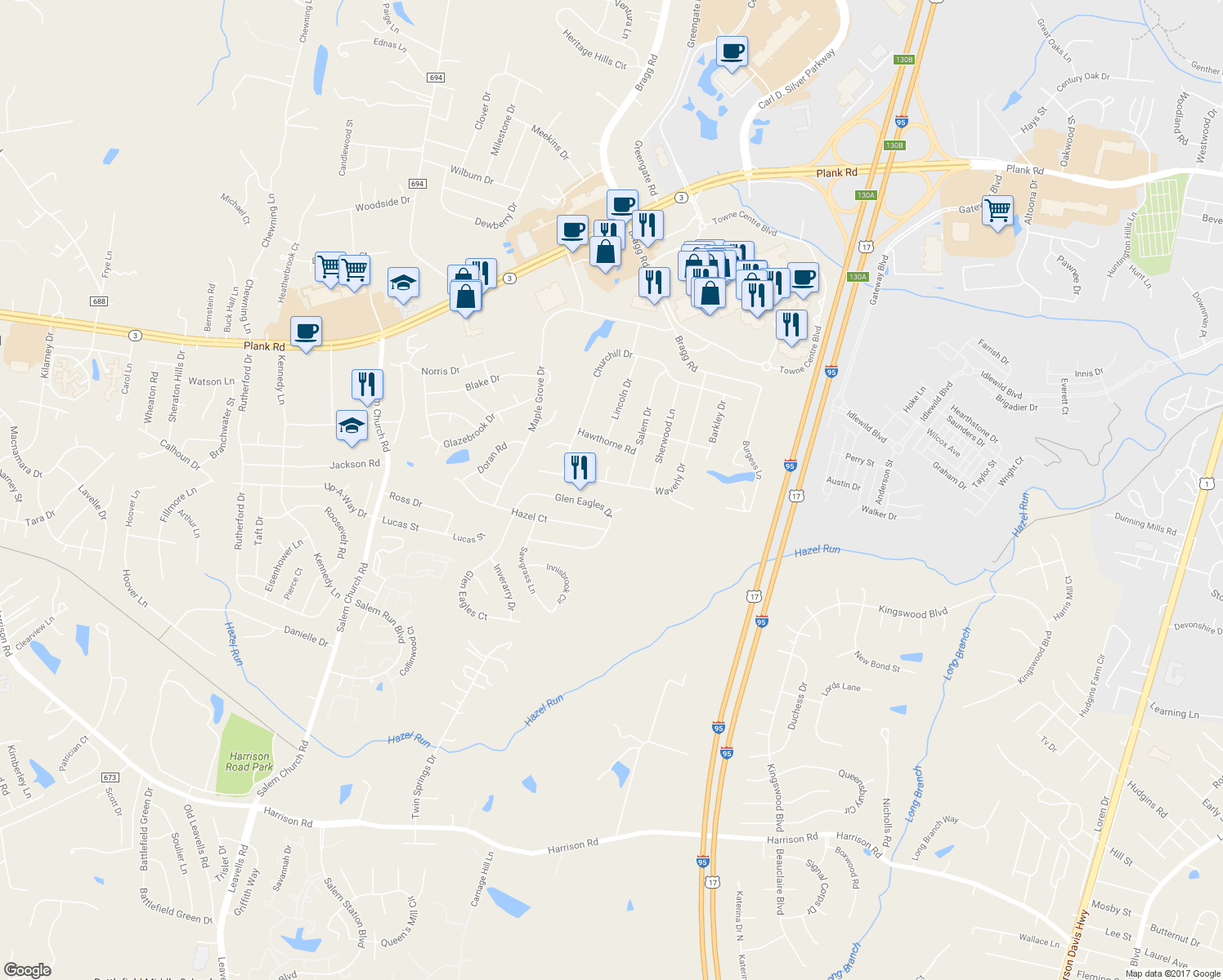 map of restaurants, bars, coffee shops, grocery stores, and more near 3408 Waverly Drive in Fredericksburg