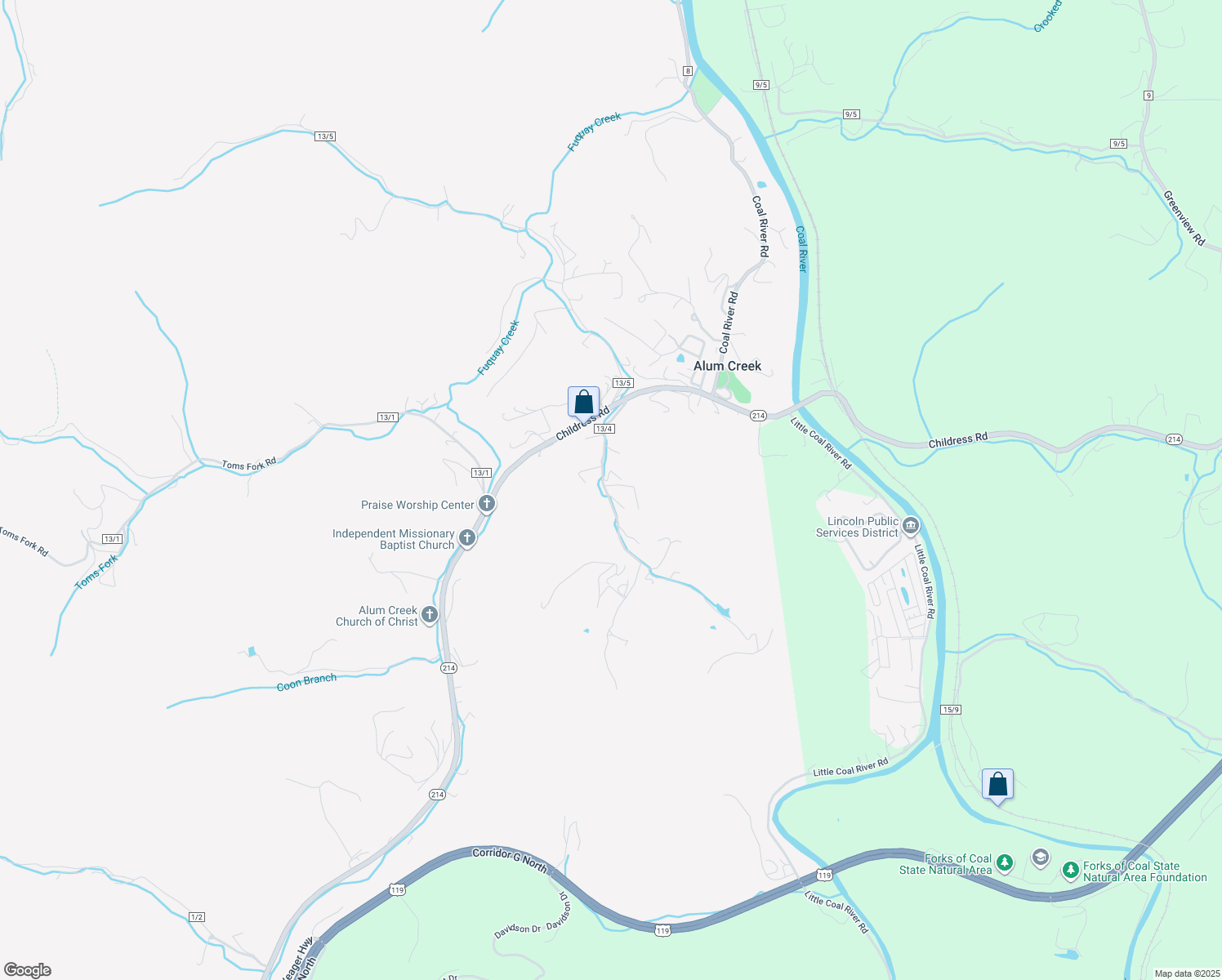 map of restaurants, bars, coffee shops, grocery stores, and more near 133 Upper Mollys Branch Road in Alum Creek