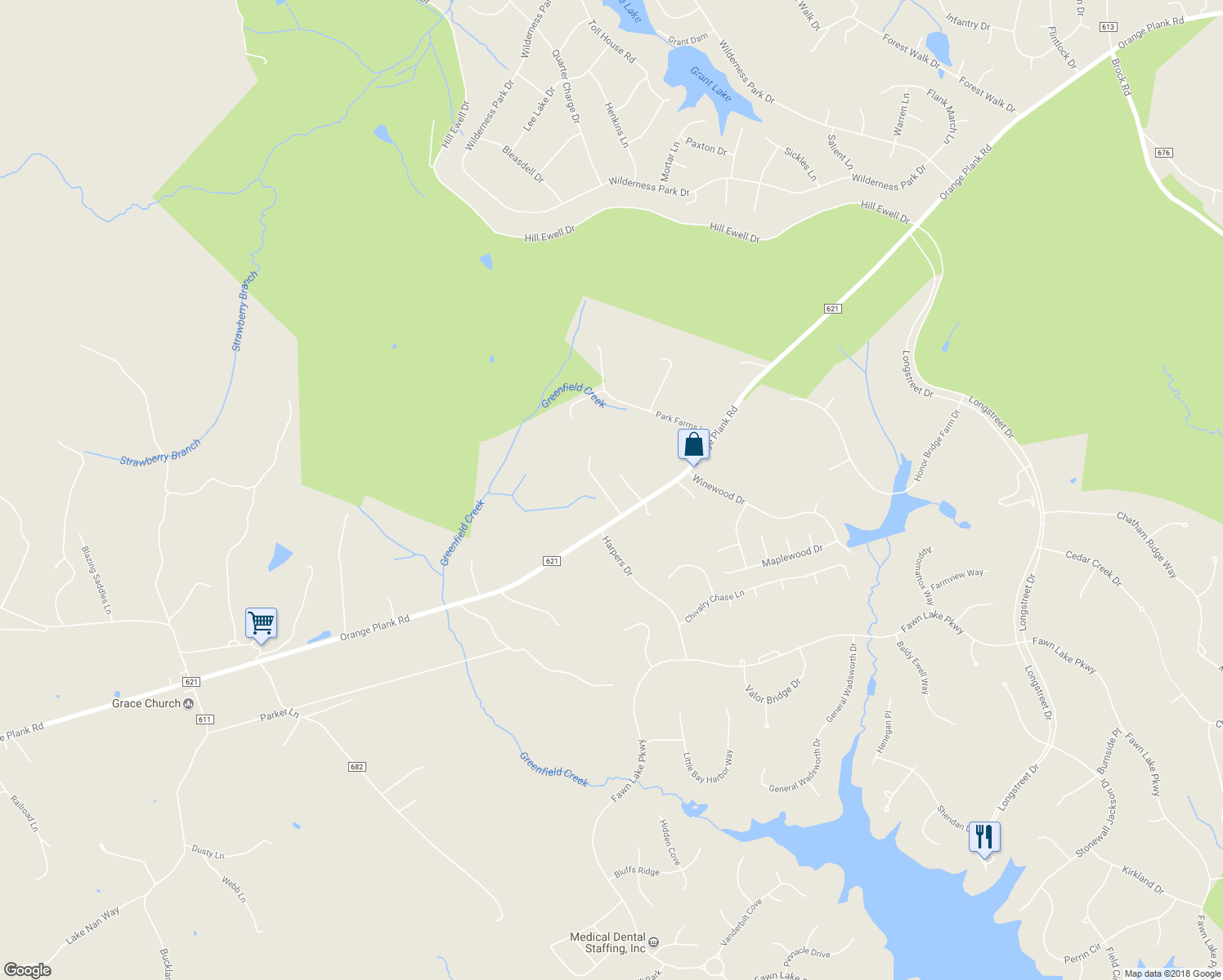 map of restaurants, bars, coffee shops, grocery stores, and more near 11527 Orange Plank Road in Locust Grove
