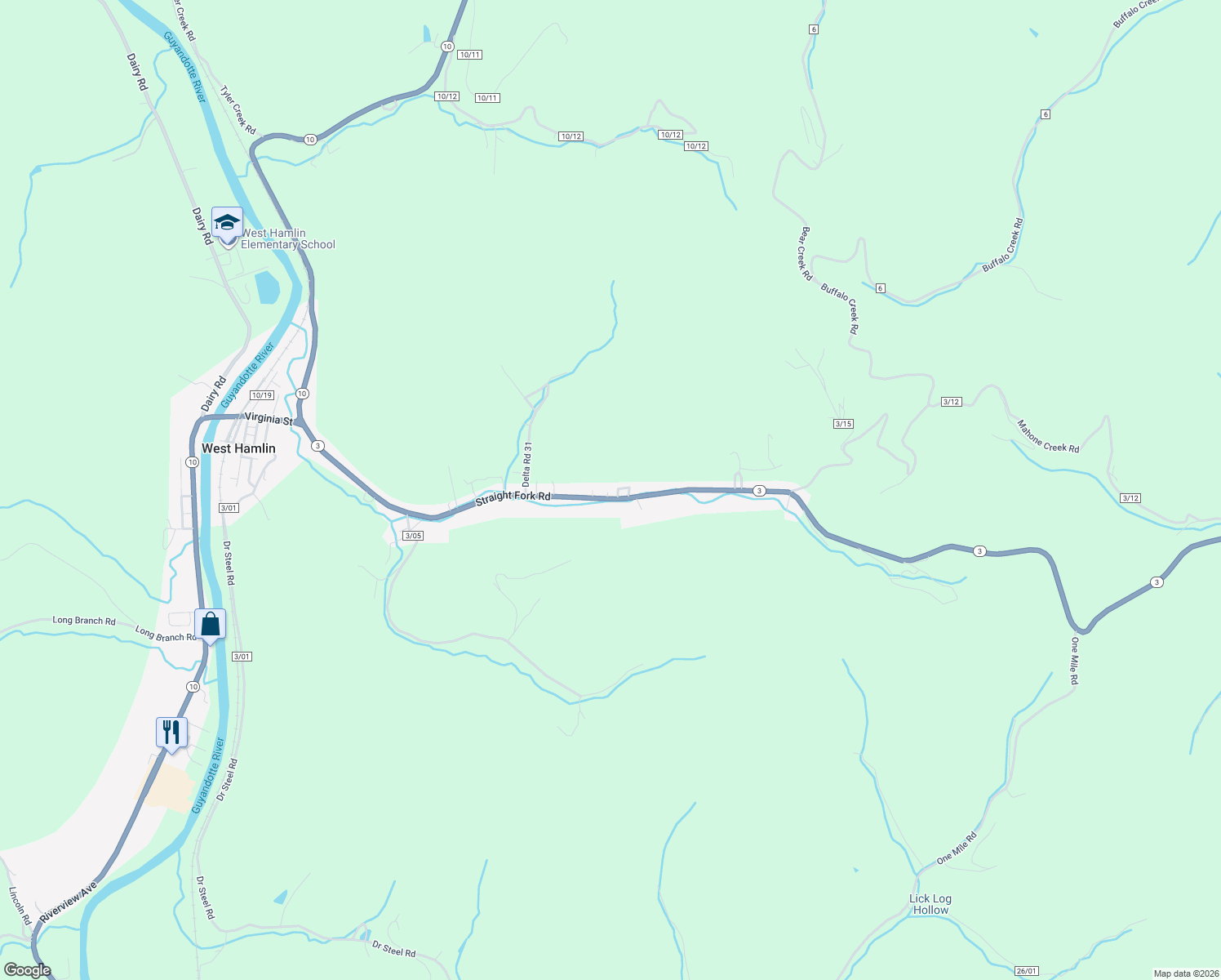 map of restaurants, bars, coffee shops, grocery stores, and more near 11 Circle Drive in West Hamlin