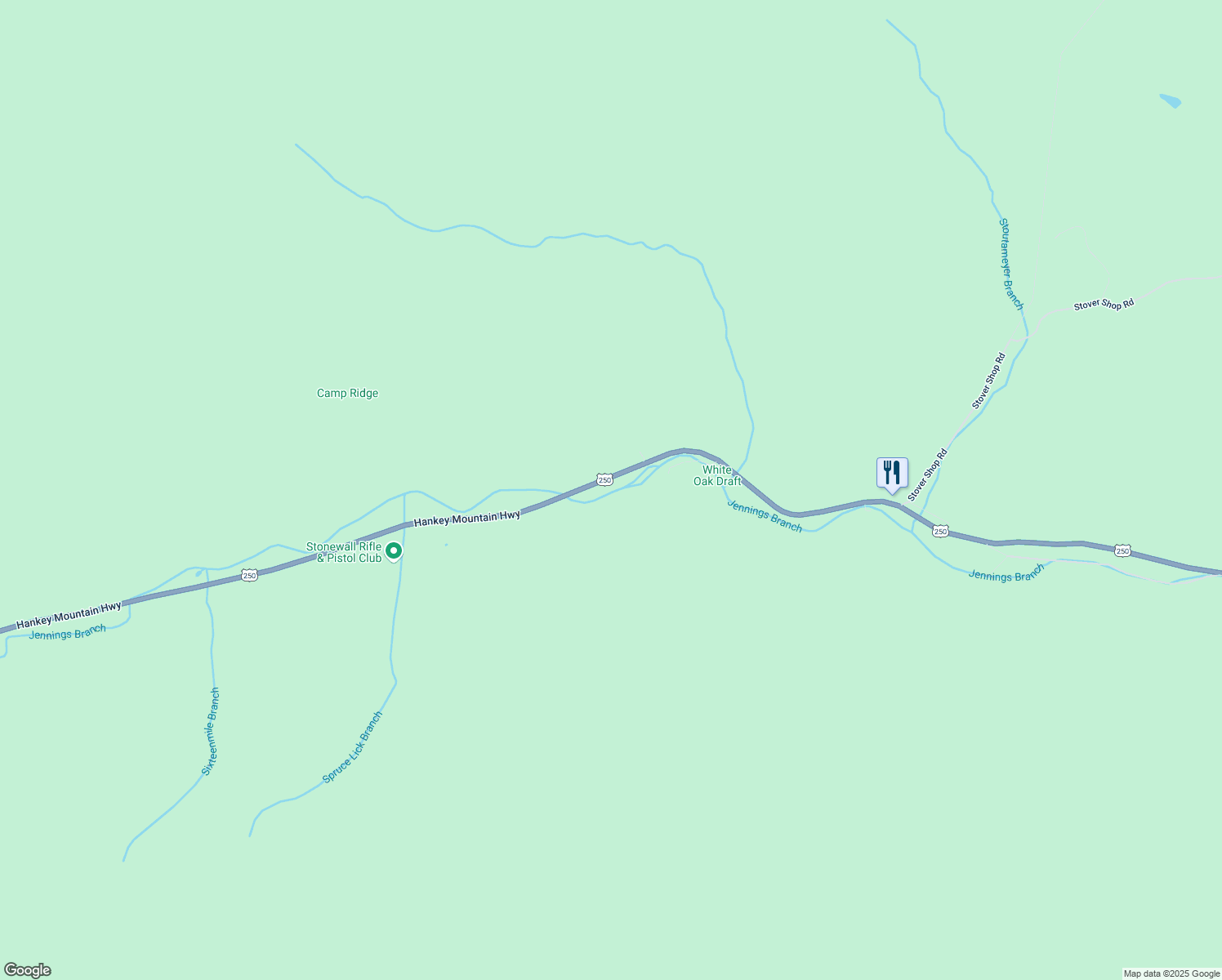 map of restaurants, bars, coffee shops, grocery stores, and more near 2520 Hankey Mountain Highway in Churchville