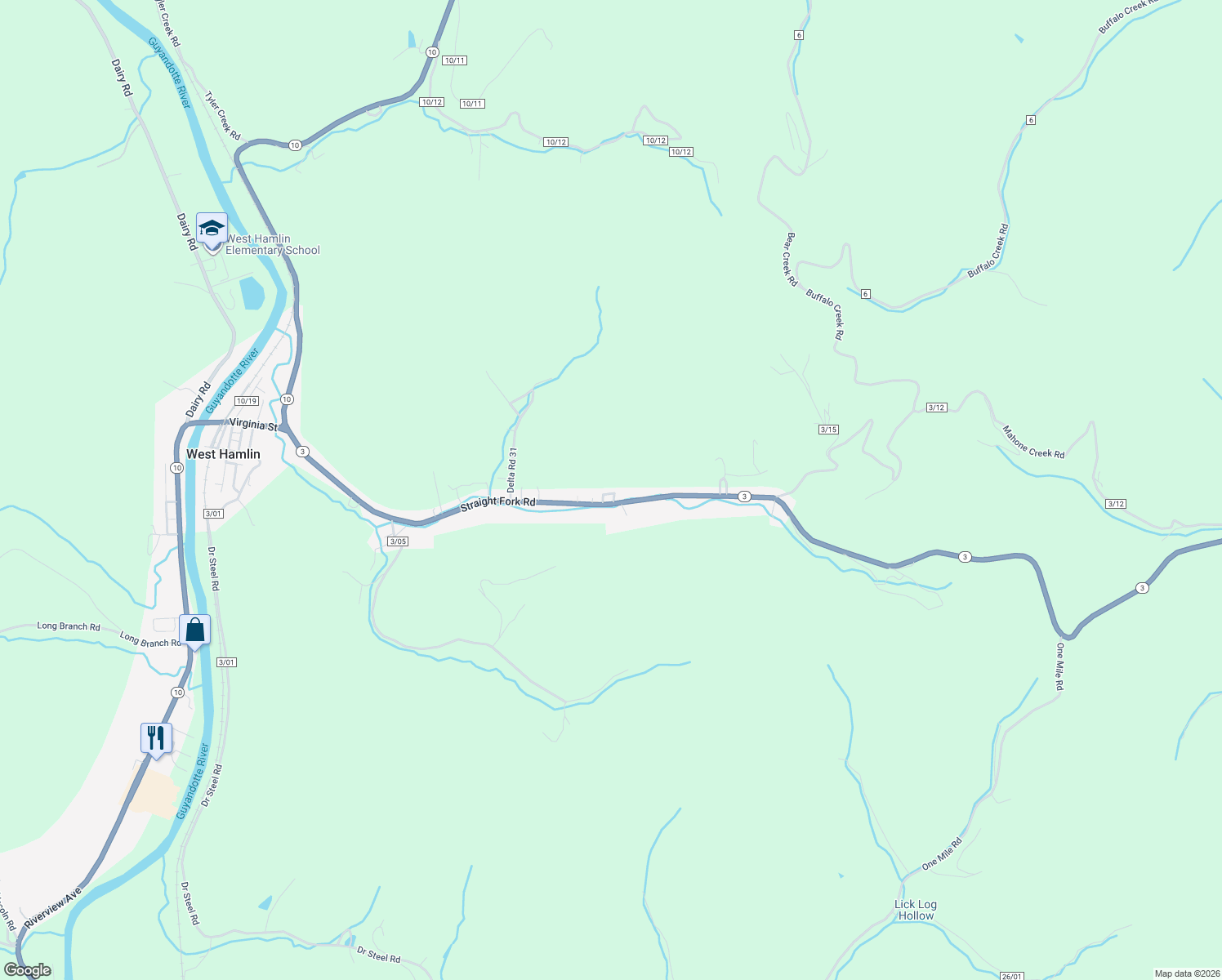 map of restaurants, bars, coffee shops, grocery stores, and more near 11 Circle Drive in West Hamlin