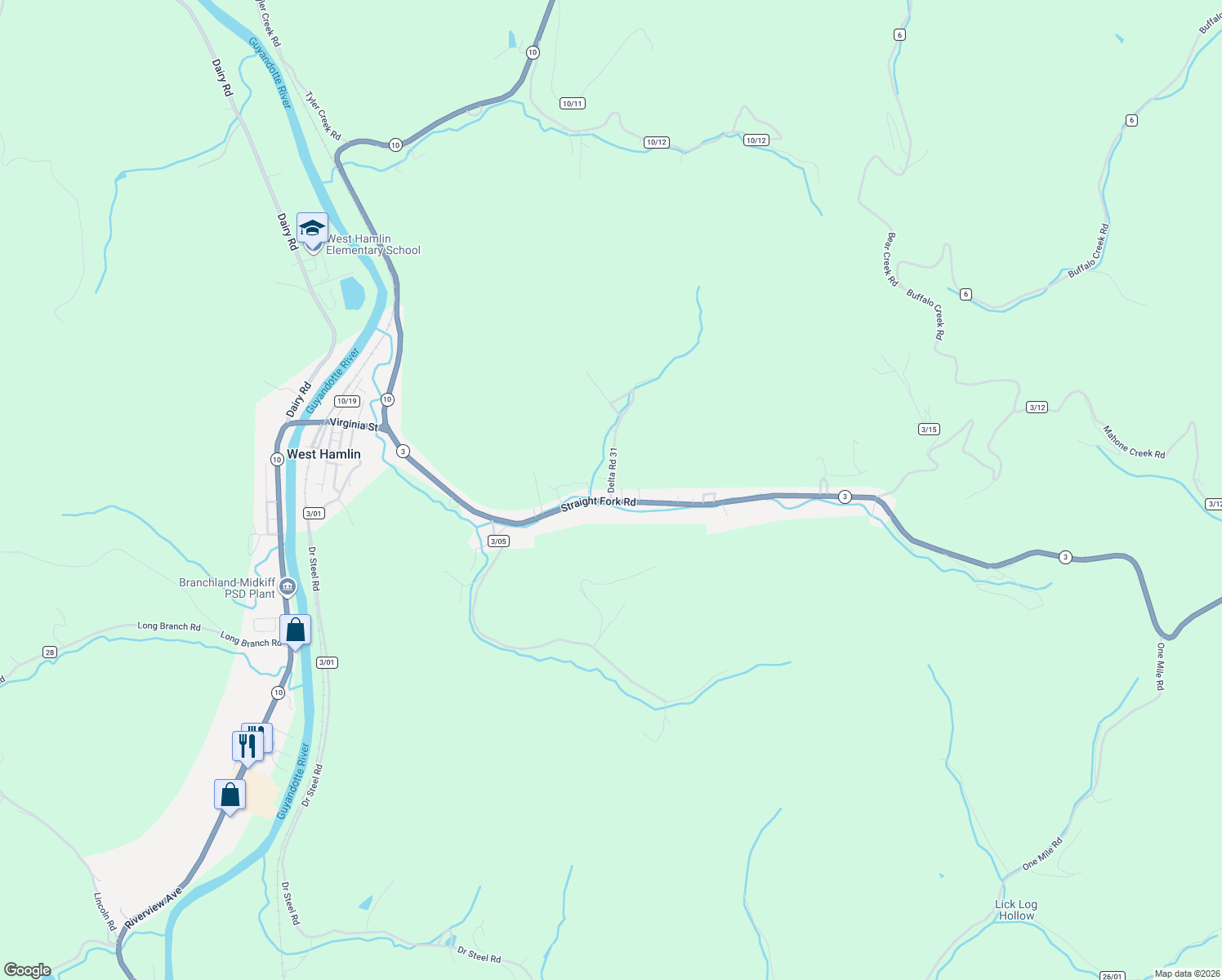 map of restaurants, bars, coffee shops, grocery stores, and more near 2 Monday Addition in West Hamlin