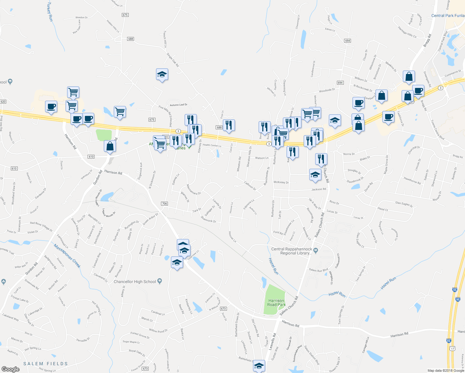 map of restaurants, bars, coffee shops, grocery stores, and more near 11900 Sheraton Hills Drive in Fredericksburg