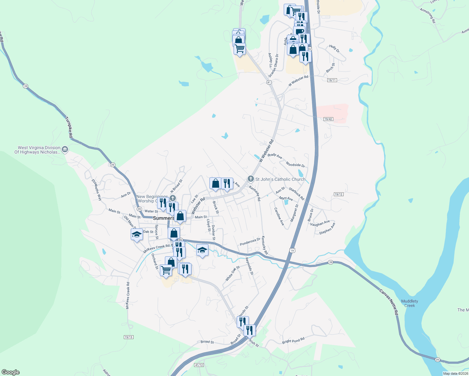 map of restaurants, bars, coffee shops, grocery stores, and more near 2 Charles St in Summersville