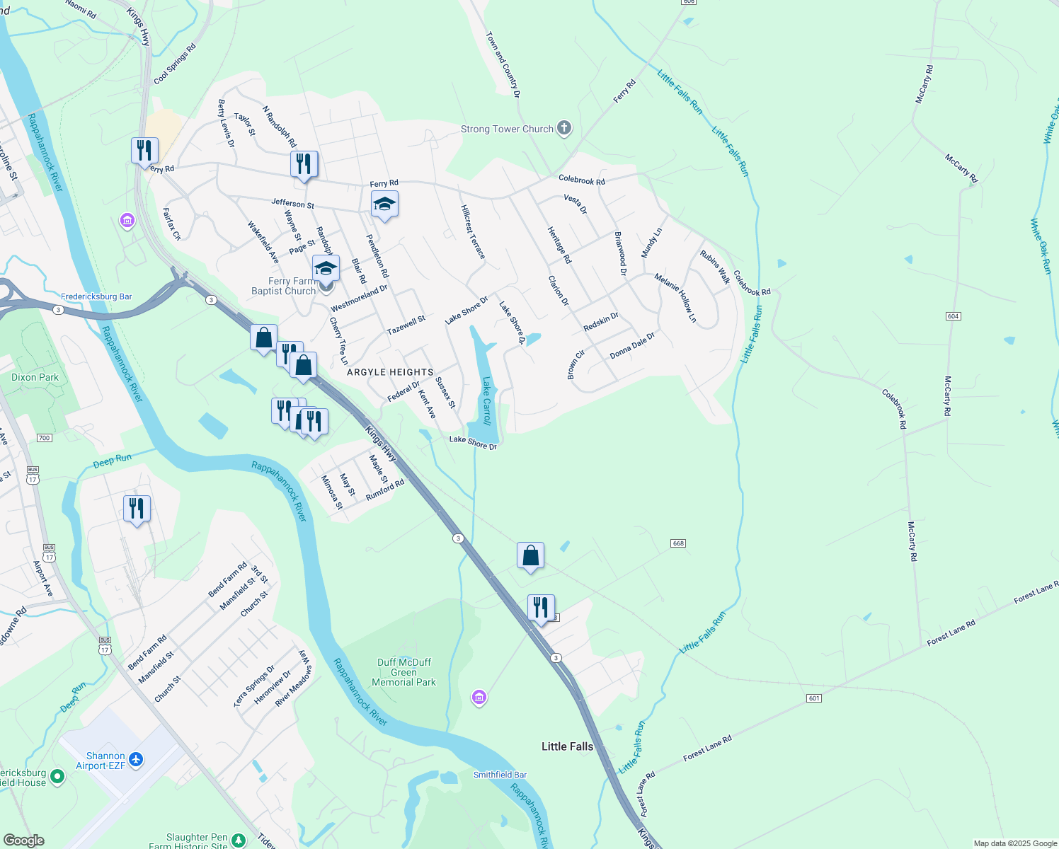 map of restaurants, bars, coffee shops, grocery stores, and more near 107 Carroll Circle in Fredericksburg