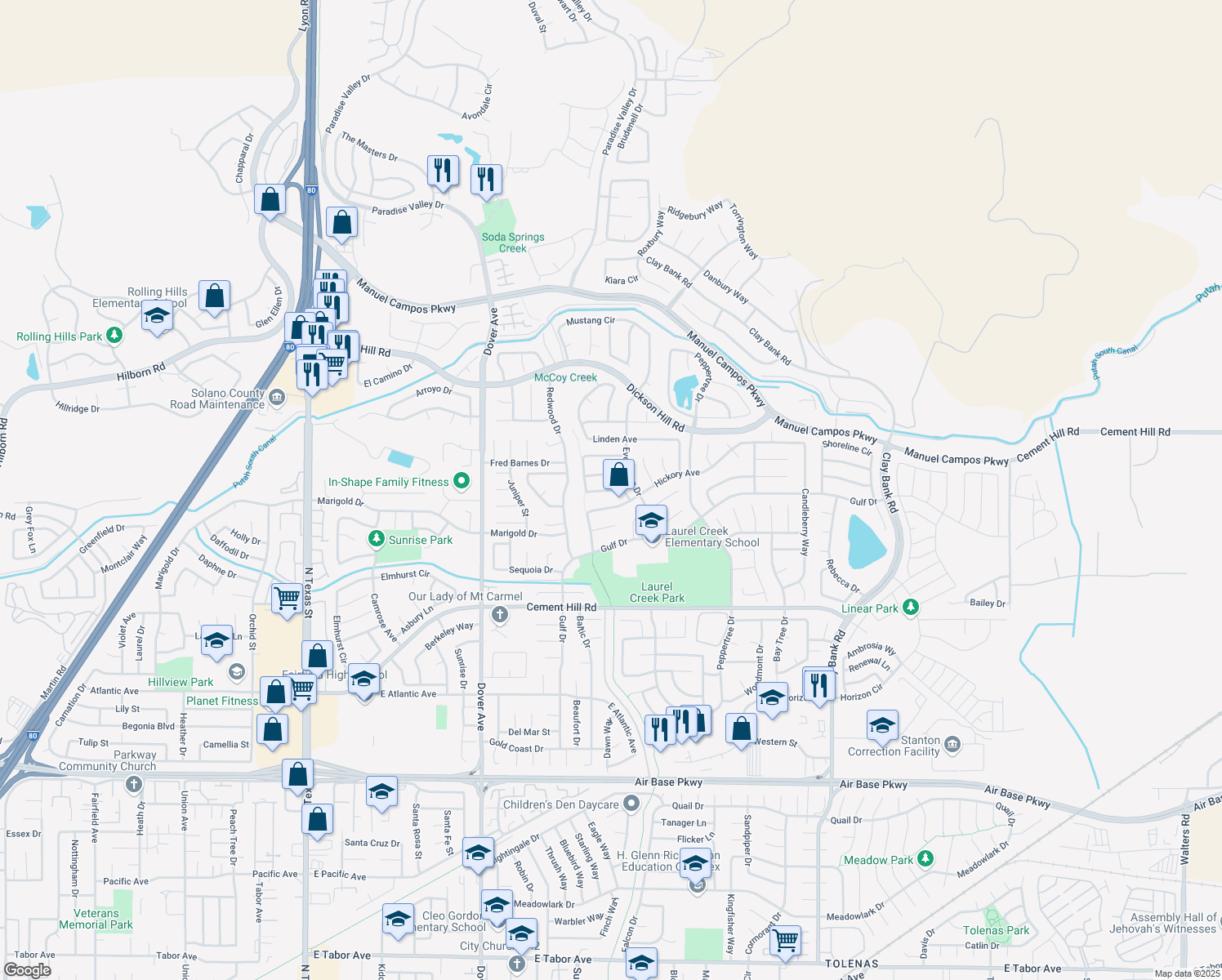 map of restaurants, bars, coffee shops, grocery stores, and more near Pecan Drive in Fairfield