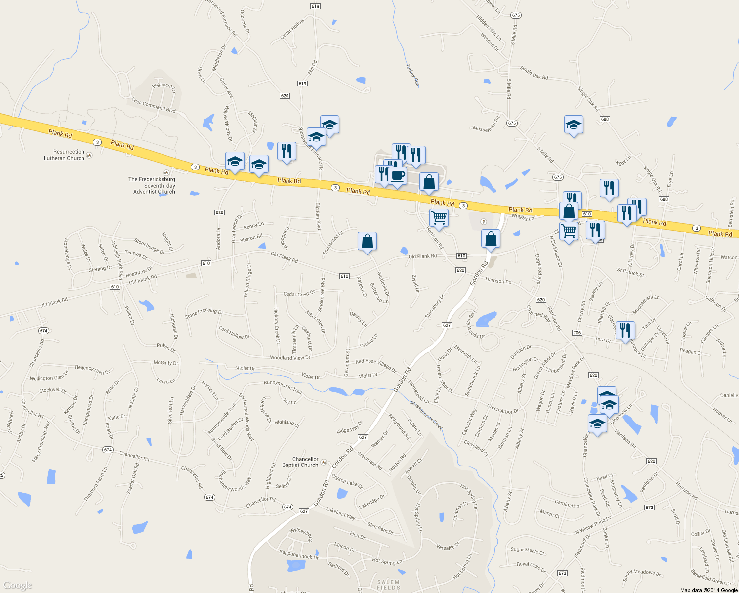 map of restaurants, bars, coffee shops, grocery stores, and more near 11903 Katelyn Drive in Fredericksburg