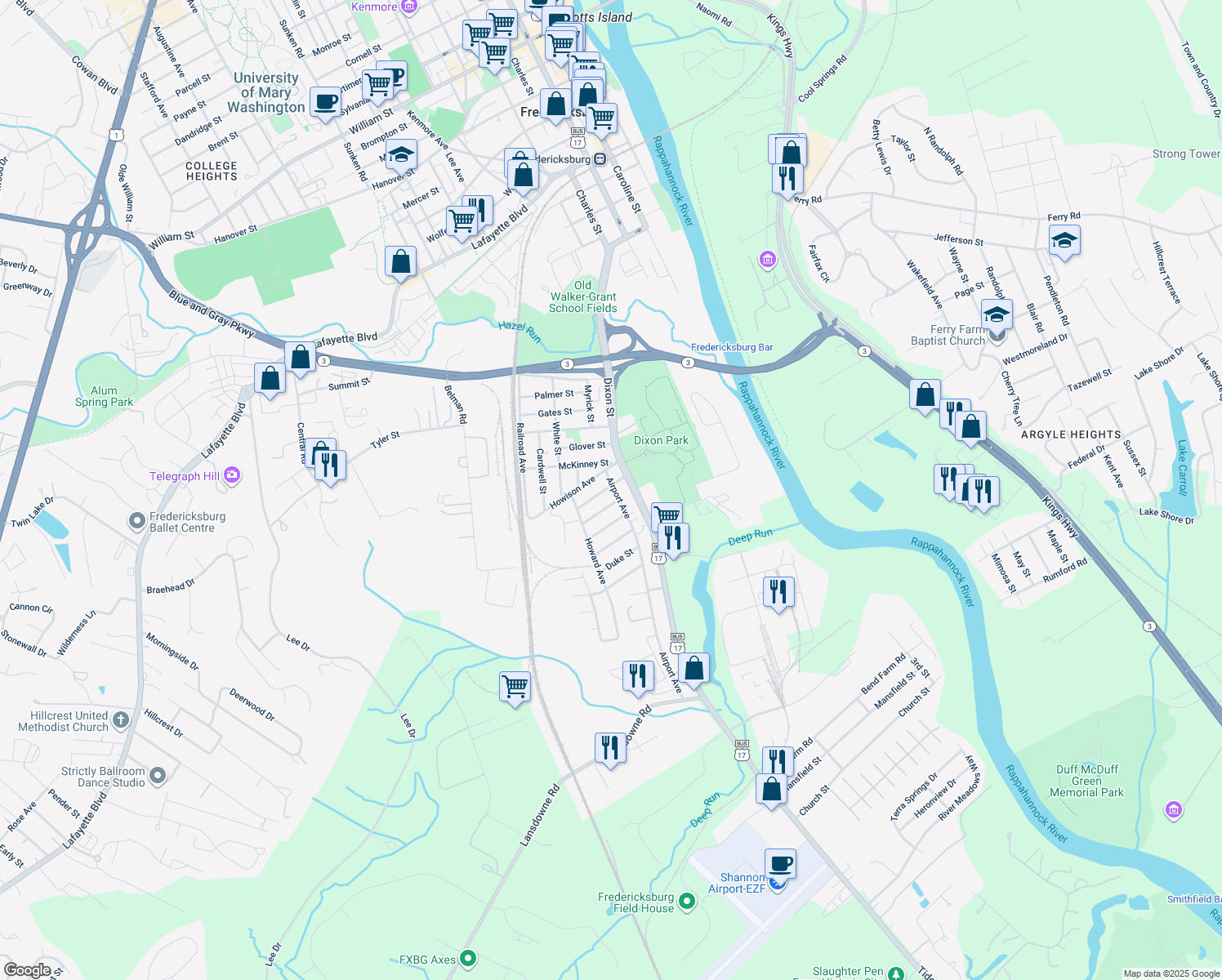 map of restaurants, bars, coffee shops, grocery stores, and more near 1400 Airport Avenue in Fredericksburg