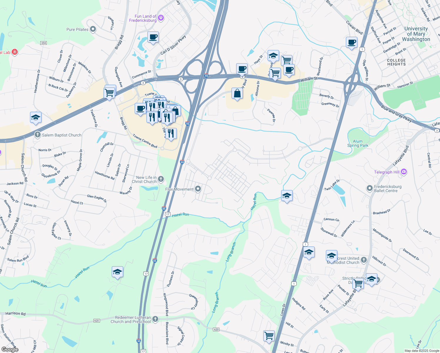 map of restaurants, bars, coffee shops, grocery stores, and more near 1205 Patrick Street in Fredericksburg