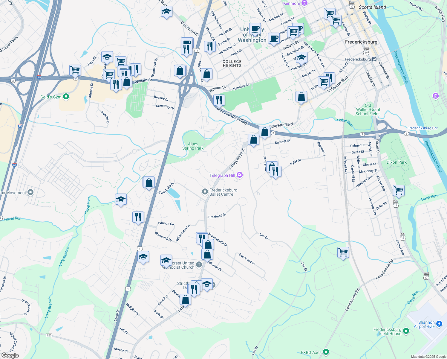 map of restaurants, bars, coffee shops, grocery stores, and more near 117 Adair Street in Fredericksburg