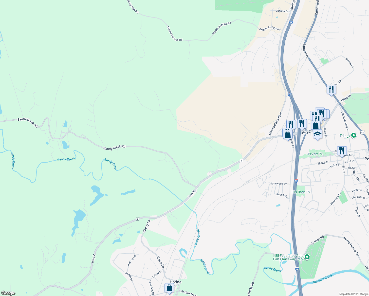 map of restaurants, bars, coffee shops, grocery stores, and more near 8700 Oakbrook Lane in Pevely